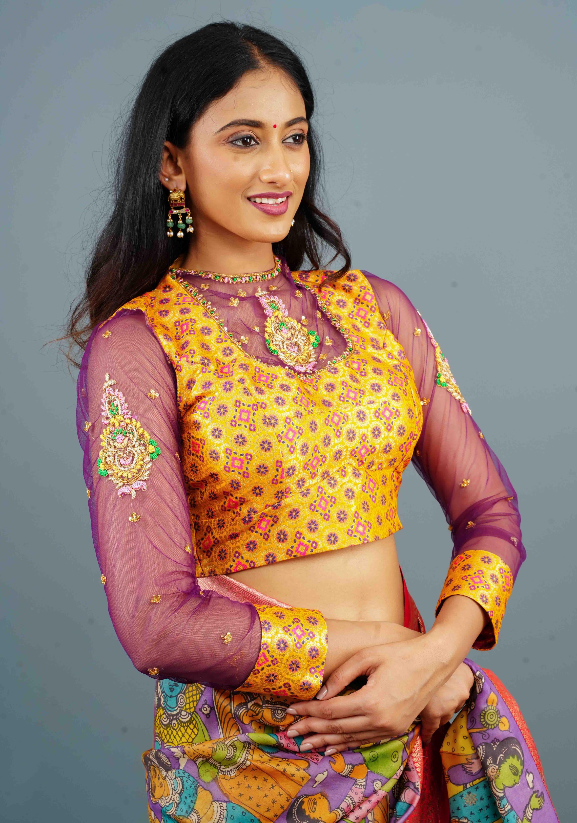 Kanthi Design Banarasi Pataola Brocade Blouse with Handwork and Net in sleeves and back, Made to Order | Shobitam