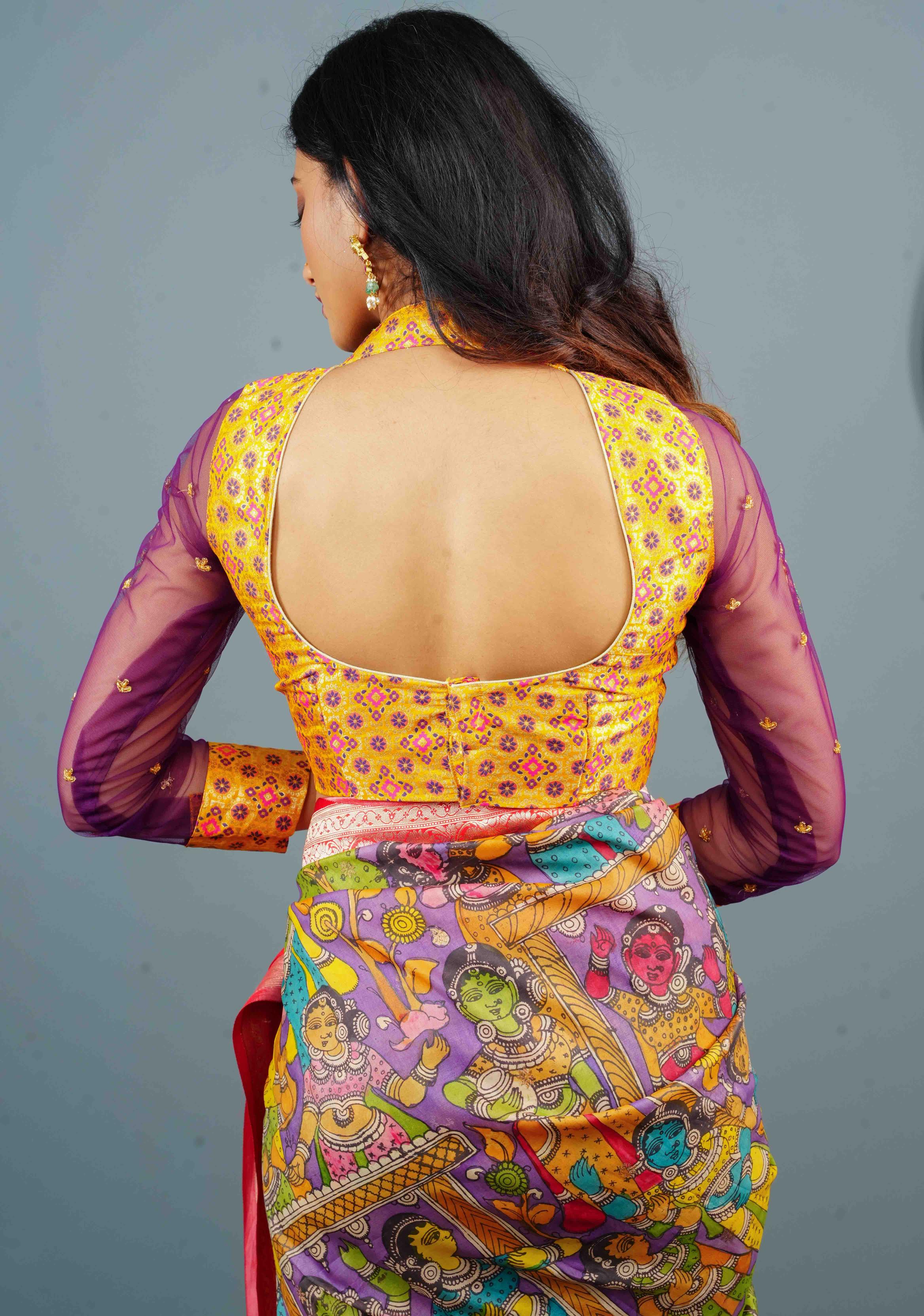 Kanthi Design Banarasi Pataola Brocade Blouse with Handwork and Net in sleeves and back, Made to Order | Shobitam