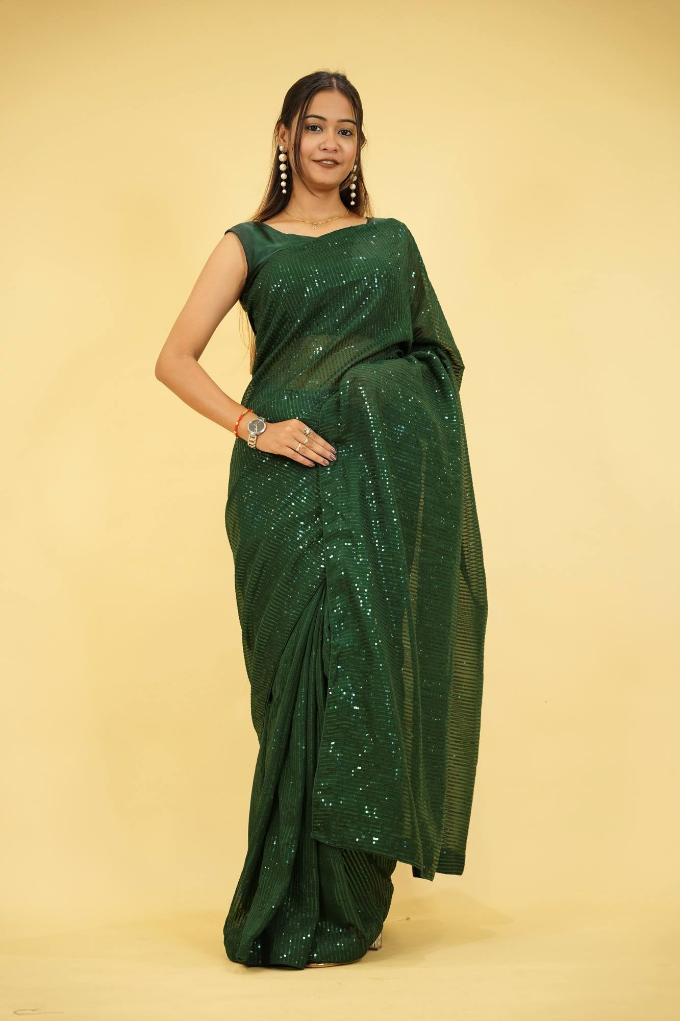 Dark Green Georgette with All-Over Sequin Embellishments Ready To Wear Saree