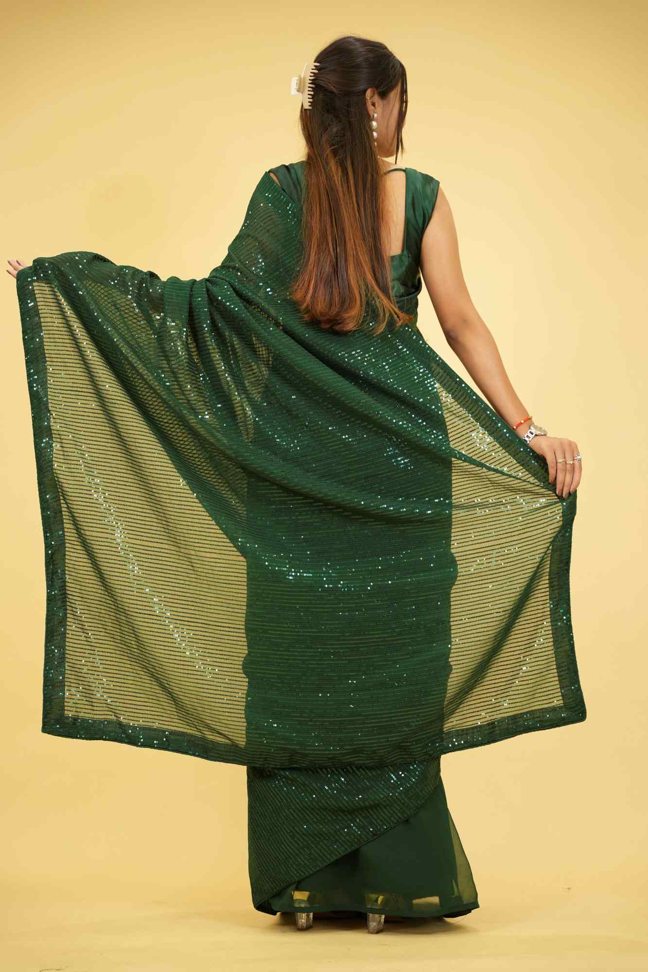 Dark Green Georgette with All-Over Sequin Embellishments Ready To Wear Saree