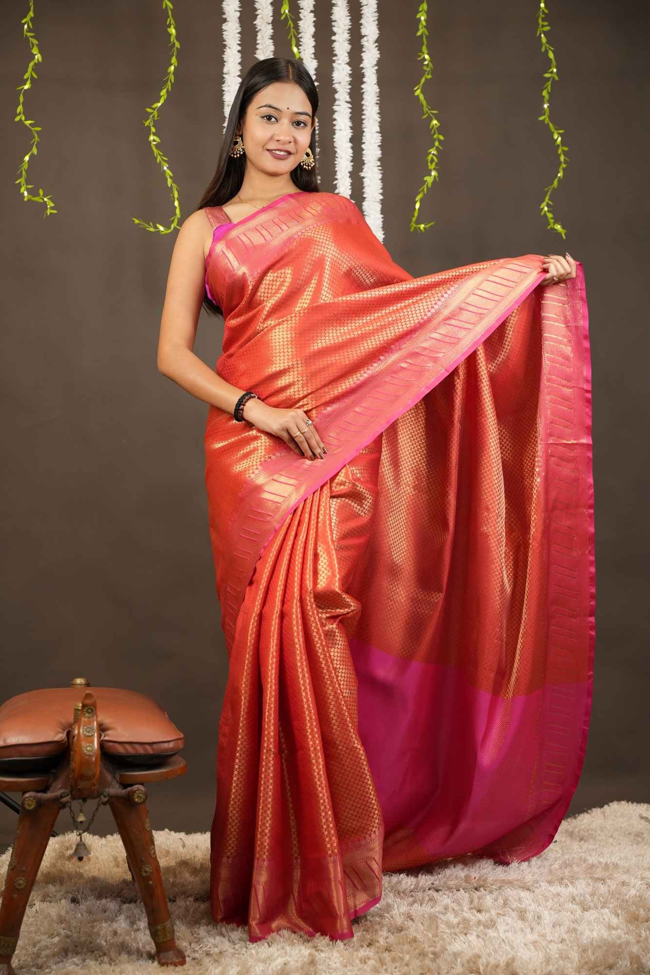 Beautiful Ready to wear Banarasi Soft Zari Tissue Silk saree with all over zari weaving & contrast border