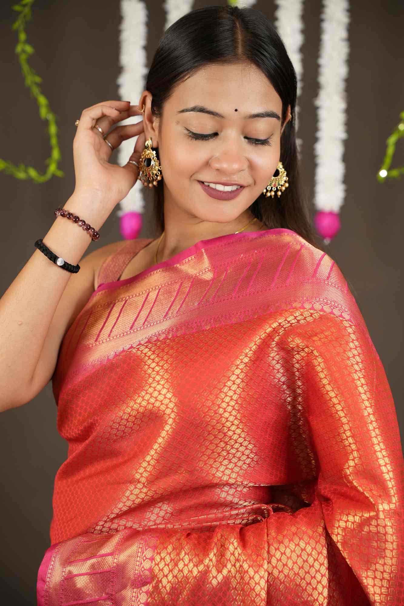 Beautiful Ready to wear Banarasi Soft Zari Tissue Silk saree with all over zari weaving & contrast border