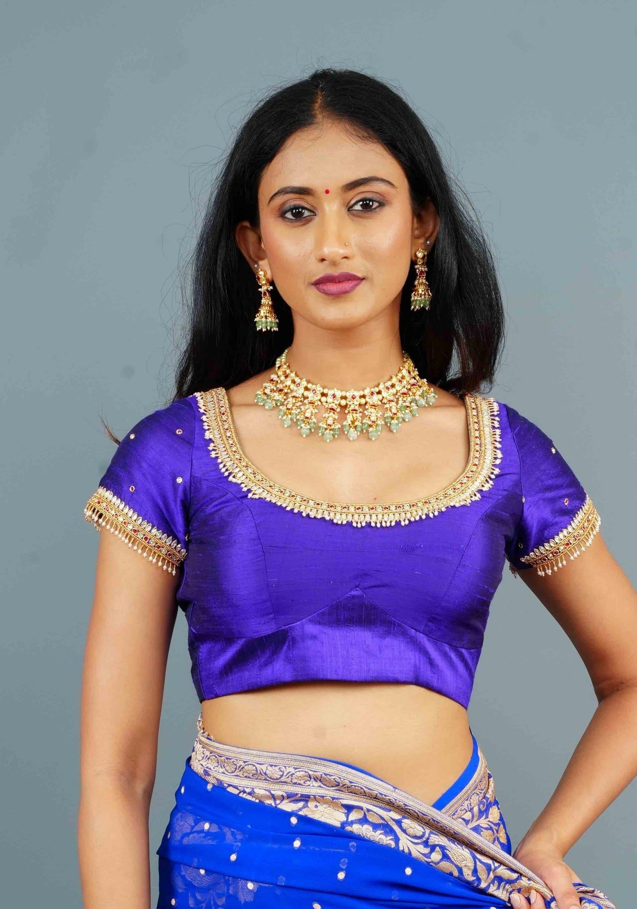Purple Pure Raw Silk blouse with Kundan Detailing and Maggam Work, Customizable, Made to Order | Shobitam