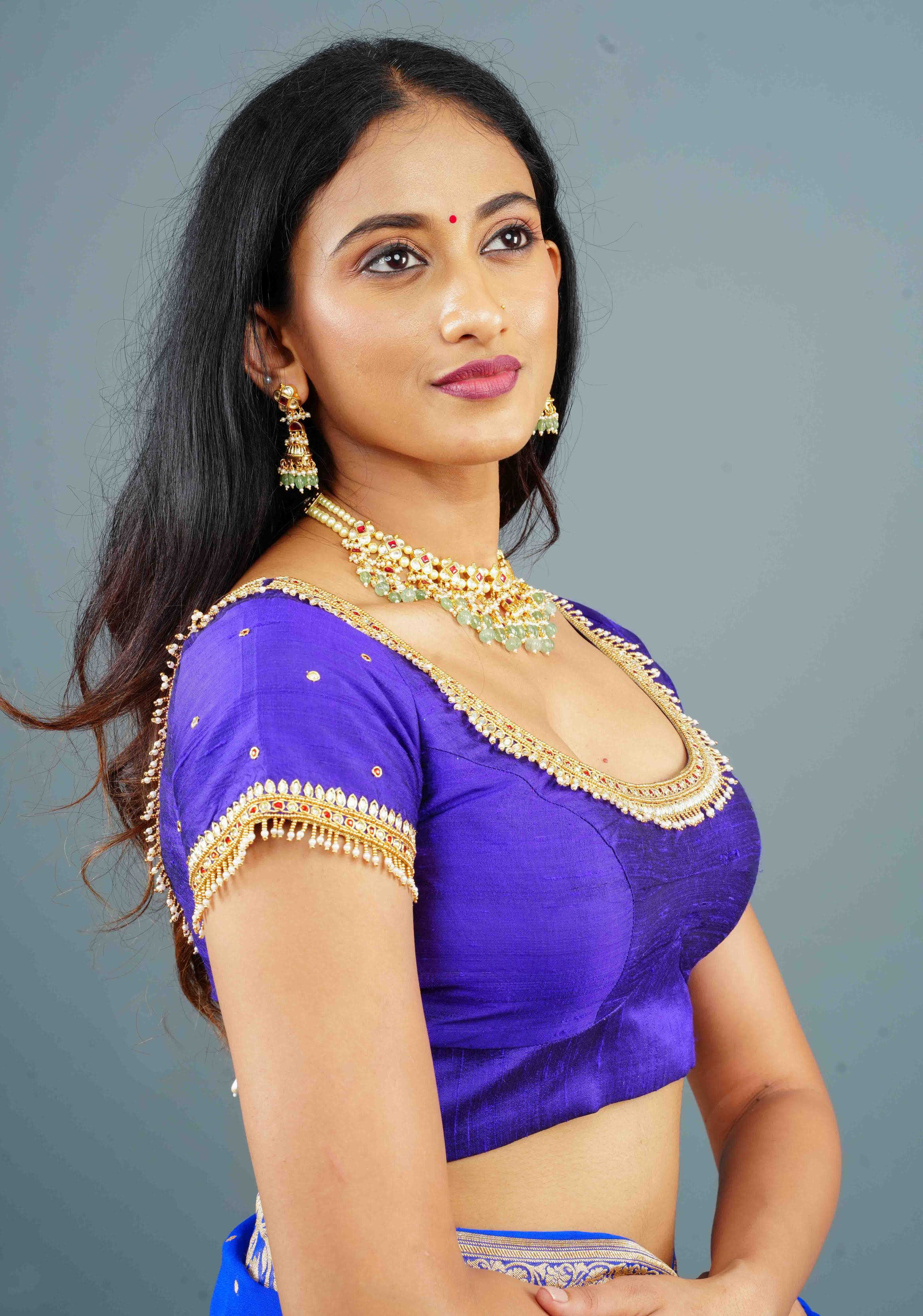 Purple Pure Raw Silk blouse with Kundan Detailing and Maggam Work, Customizable, Made to Order | Shobitam