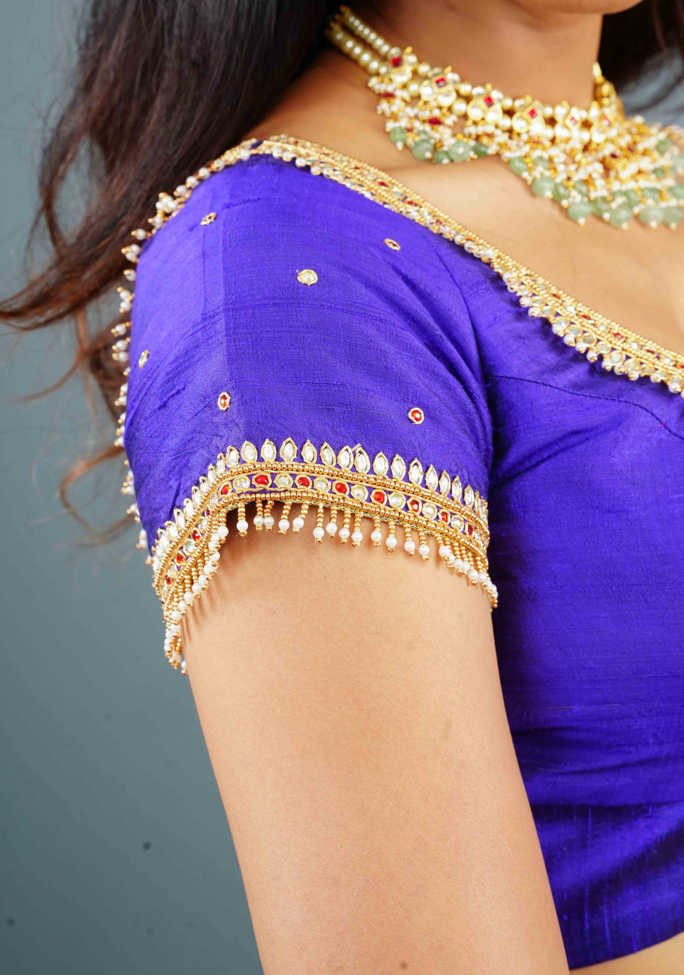 Purple Pure Raw Silk blouse with Kundan Detailing and Maggam Work, Customizable, Made to Order | Shobitam
