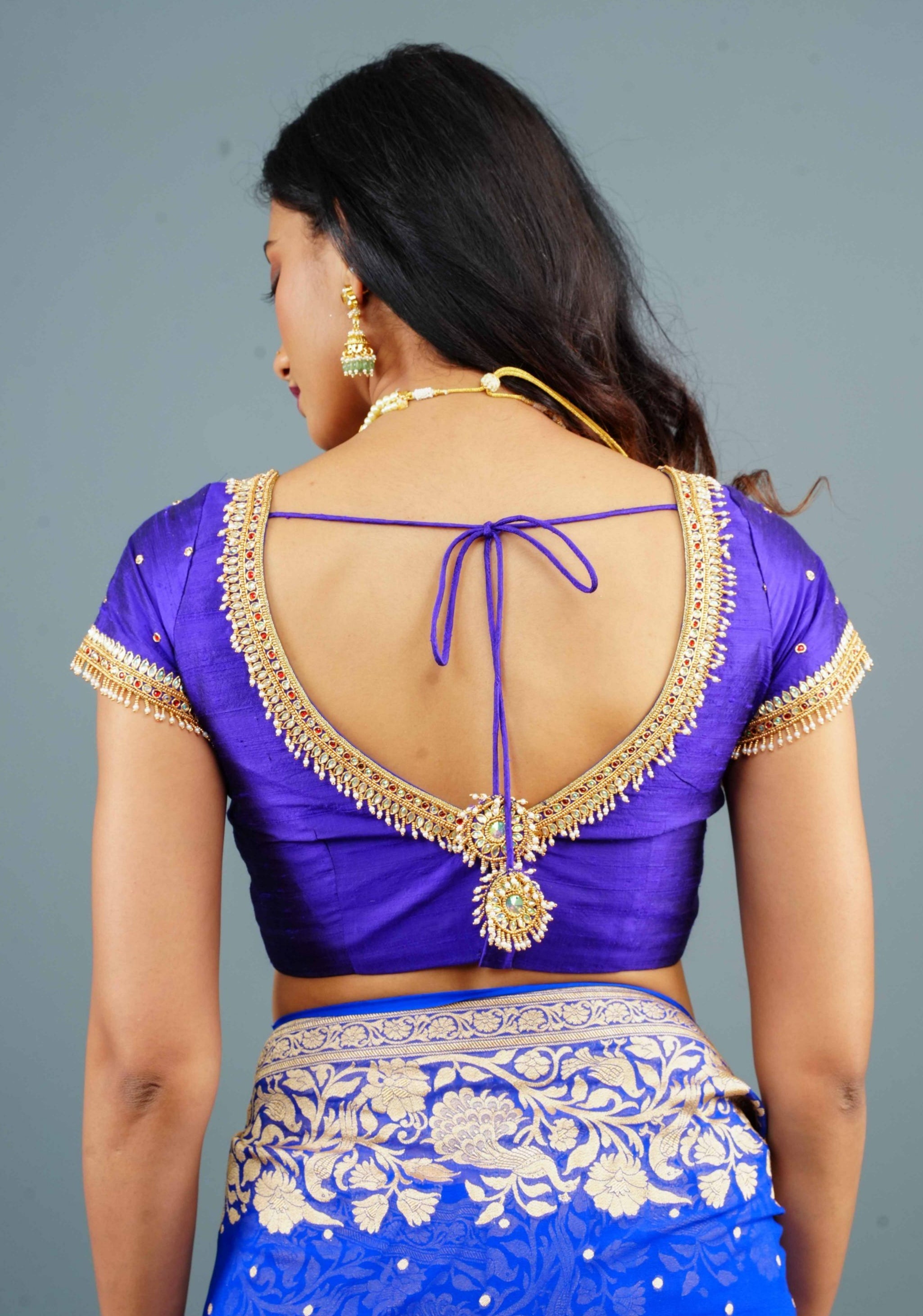 Purple Pure Raw Silk blouse with Kundan Detailing and Maggam Work, Customizable, Made to Order | Shobitam