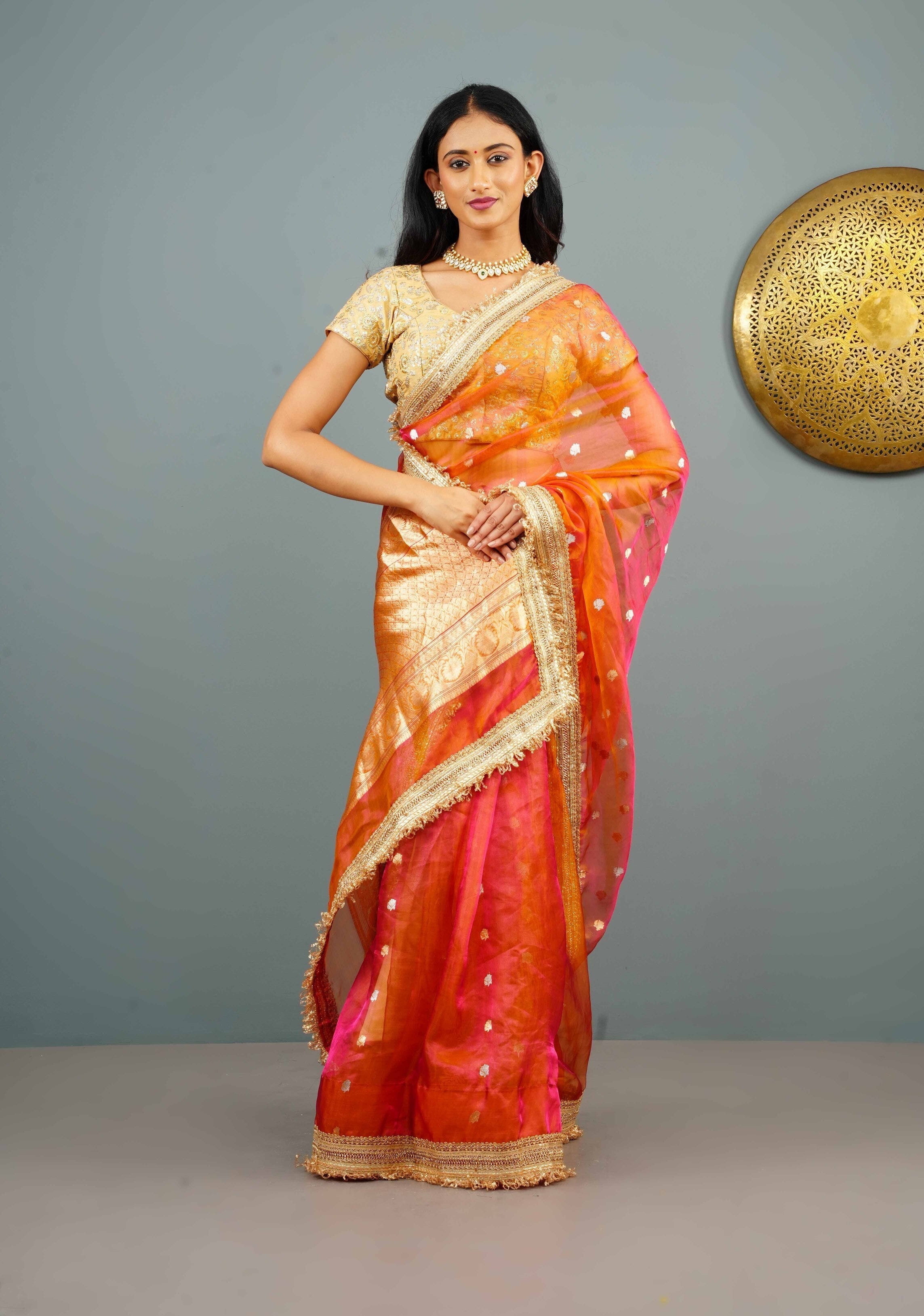 Orange Dual tone Organza Silk Saree with Sona Rupa Zari Buttas and Lace Trim Border | SILK MARK CERTIFIED | Shobitam