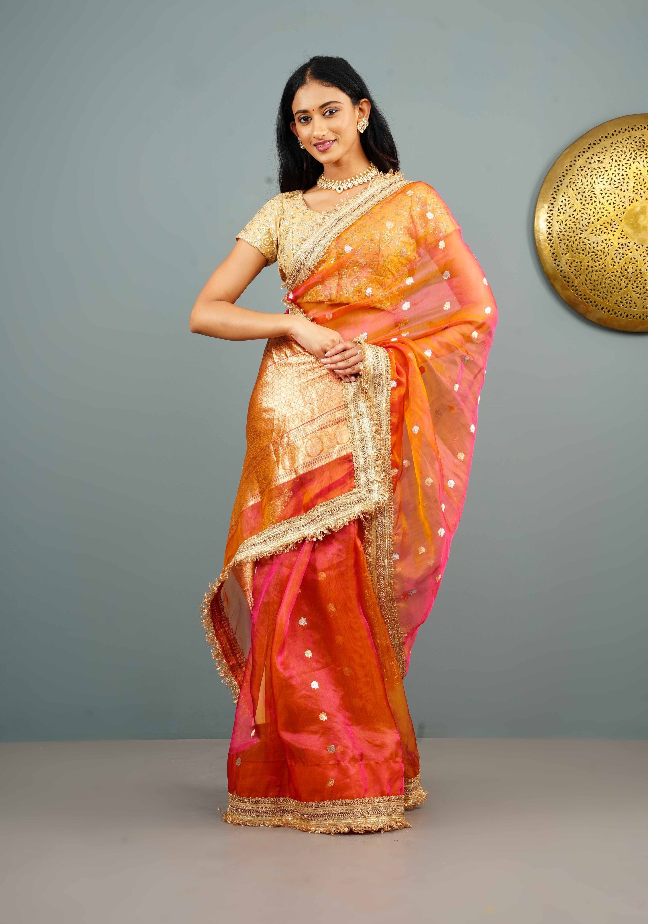 Orange Dual tone Organza Silk Saree with Sona Rupa Zari Buttas and Lace Trim Border | SILK MARK CERTIFIED | Shobitam