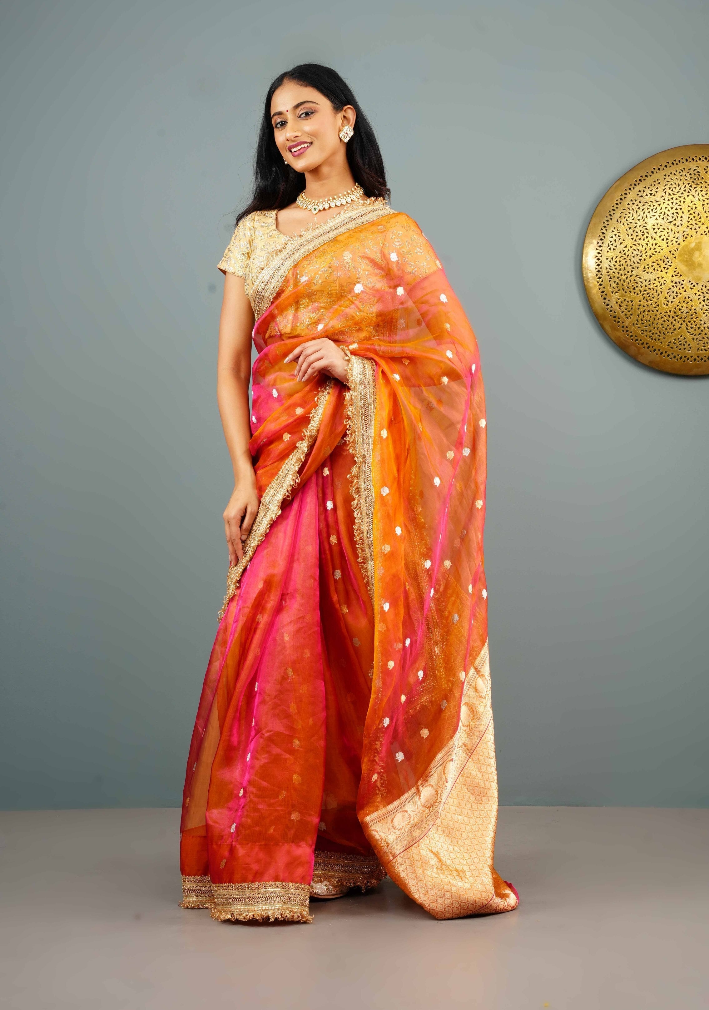 Orange Dual tone Organza Silk Saree with Sona Rupa Zari Buttas and Lace Trim Border | SILK MARK CERTIFIED | Shobitam