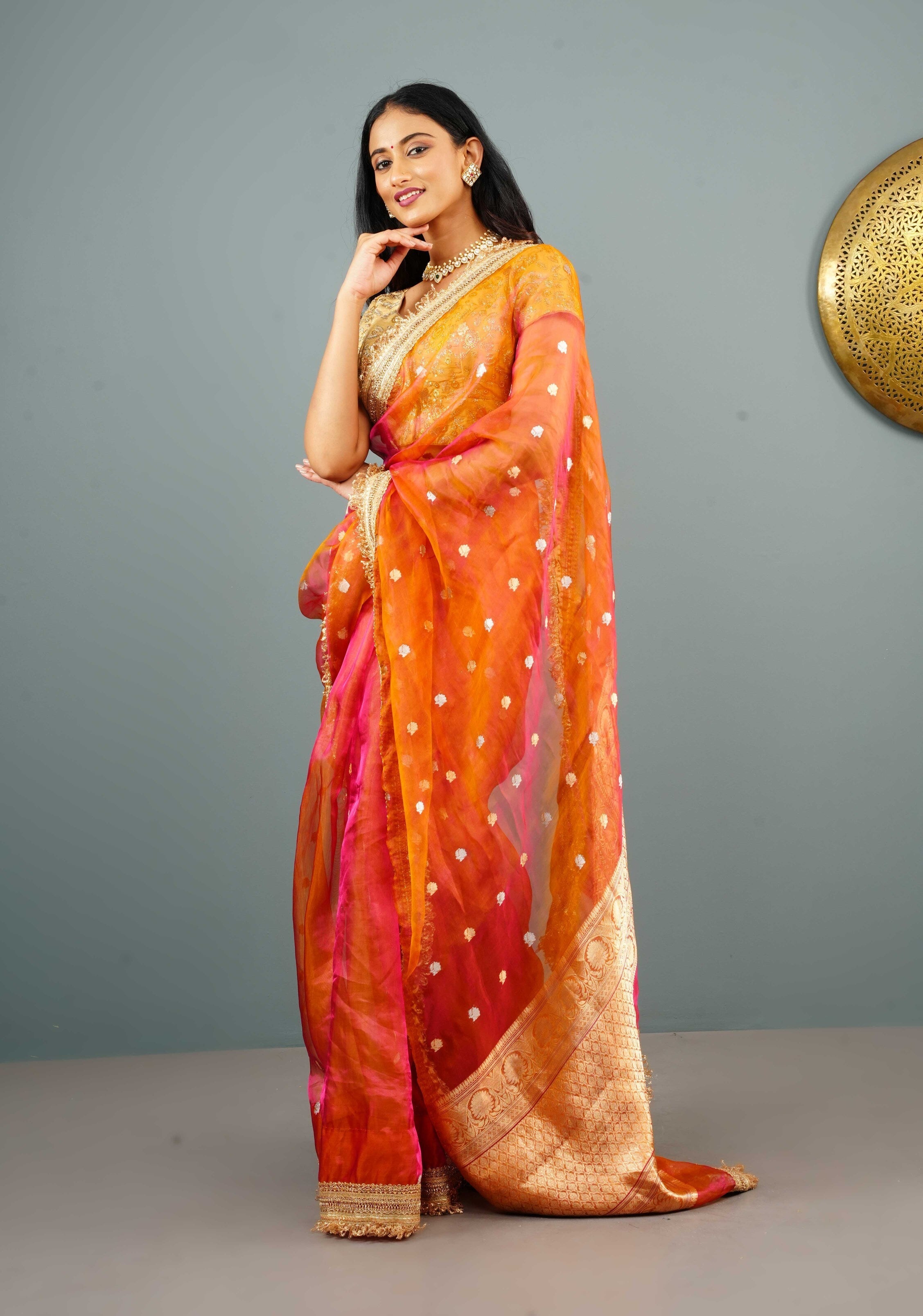 Orange Dual tone Organza Silk Saree with Sona Rupa Zari Buttas and Lace Trim Border | SILK MARK CERTIFIED | Shobitam