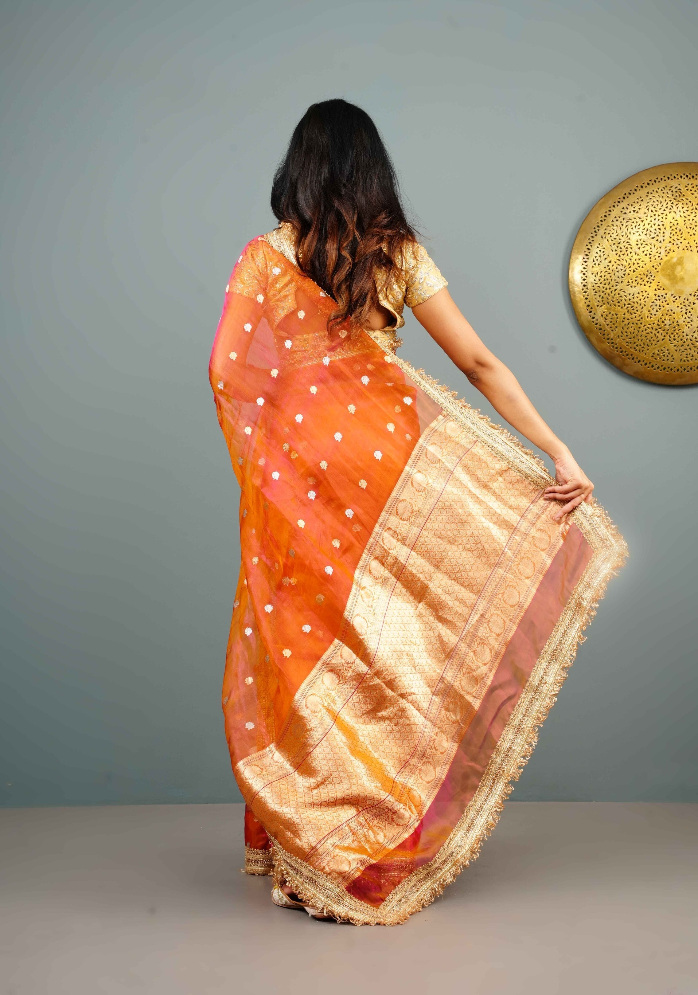 Orange Dual tone Organza Silk Saree with Sona Rupa Zari Buttas and Lace Trim Border | SILK MARK CERTIFIED | Shobitam