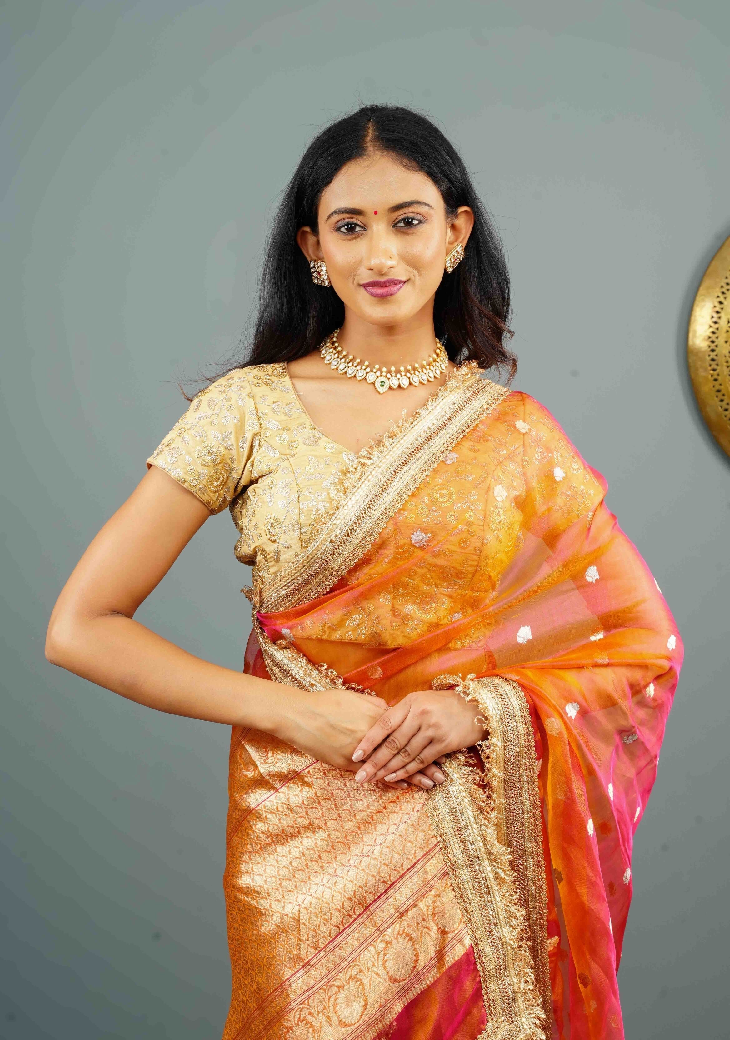 Orange Dual tone Organza Silk Saree with Sona Rupa Zari Buttas and Lace Trim Border | SILK MARK CERTIFIED | Shobitam