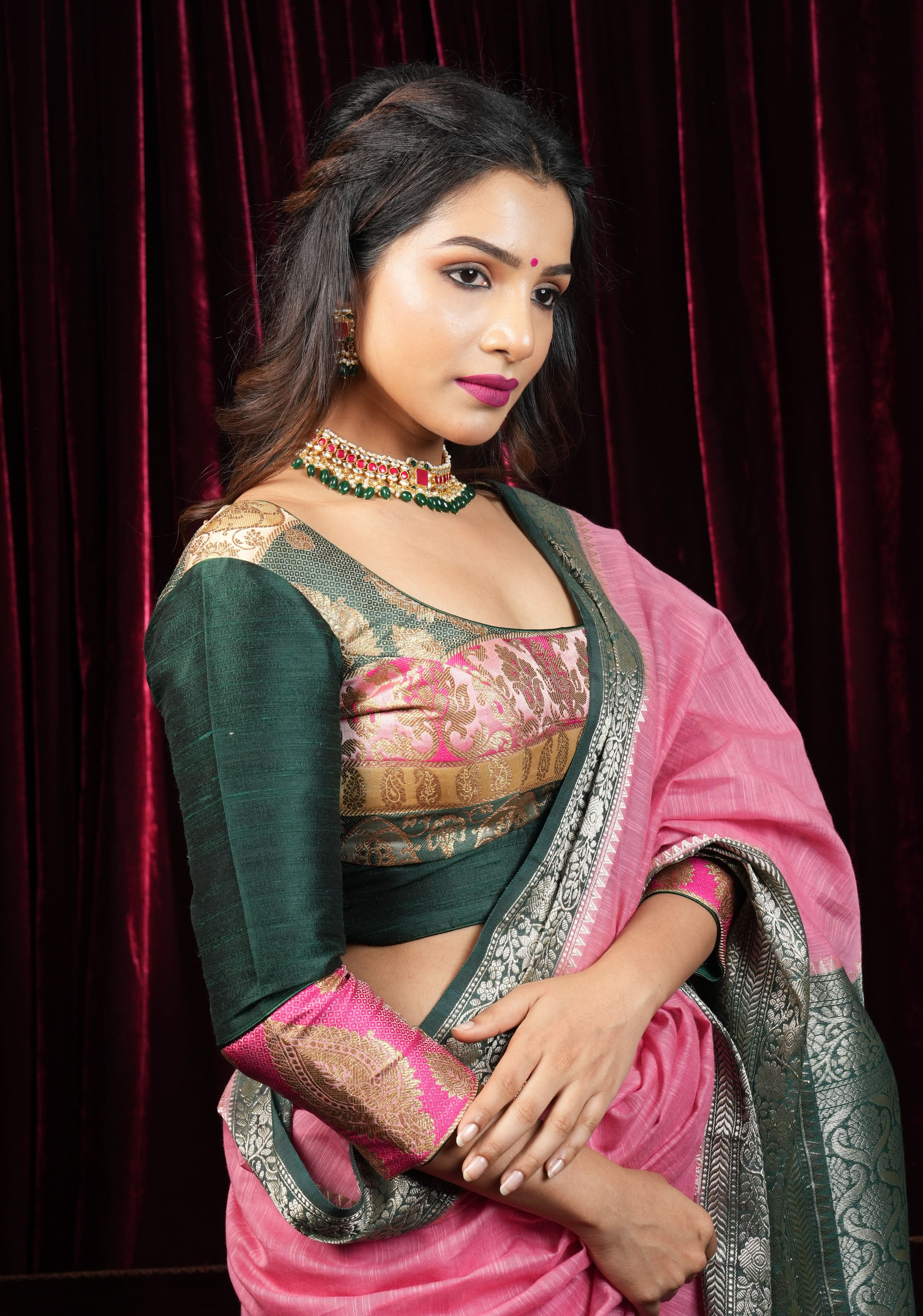 Banarasi brocade and Bottle Green pure Raw silk blouse with 3/4 sleeves | Shobitam
