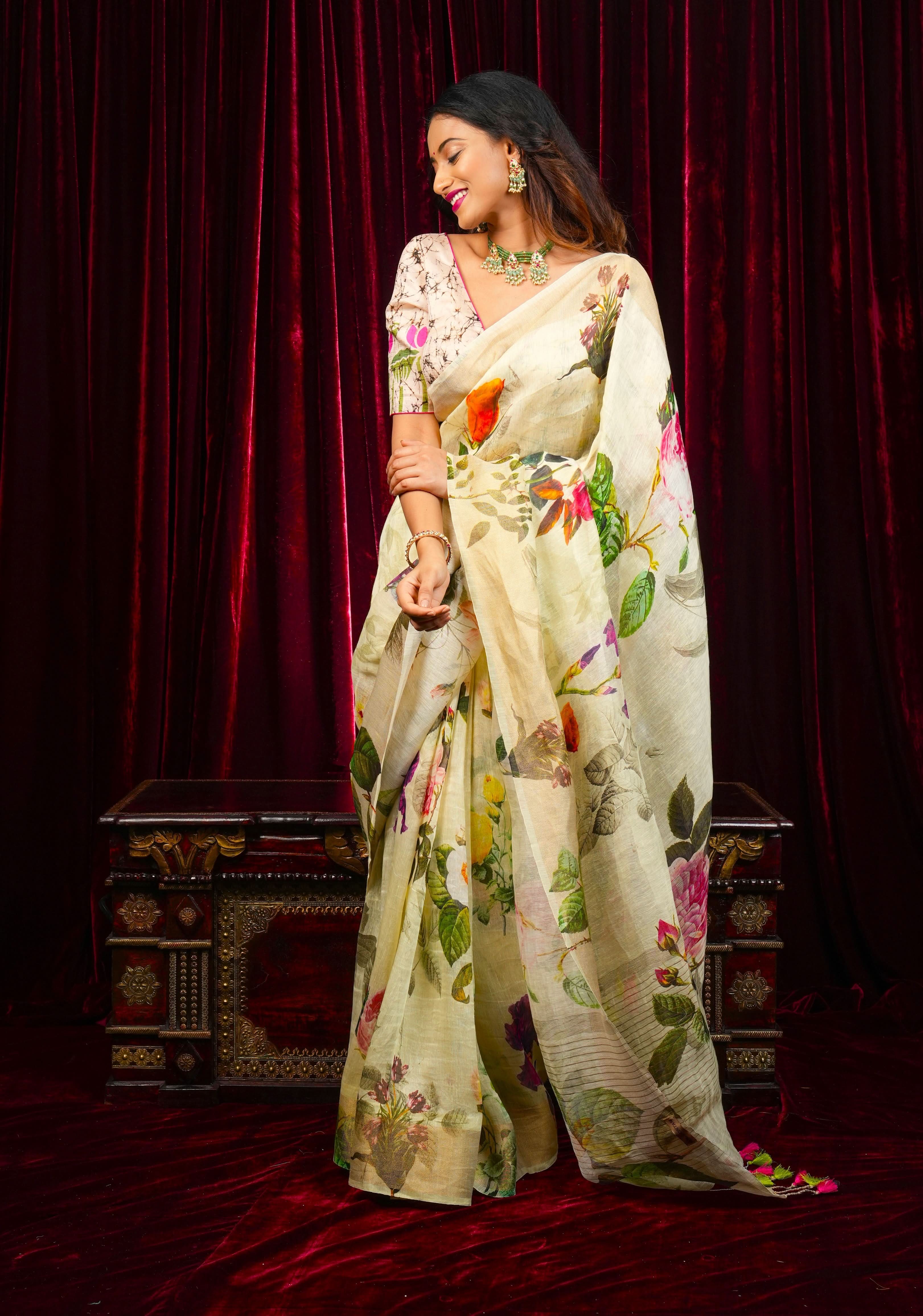 Charming Cream Floral Print Silk Linen Saree with long tassels | Shobitam