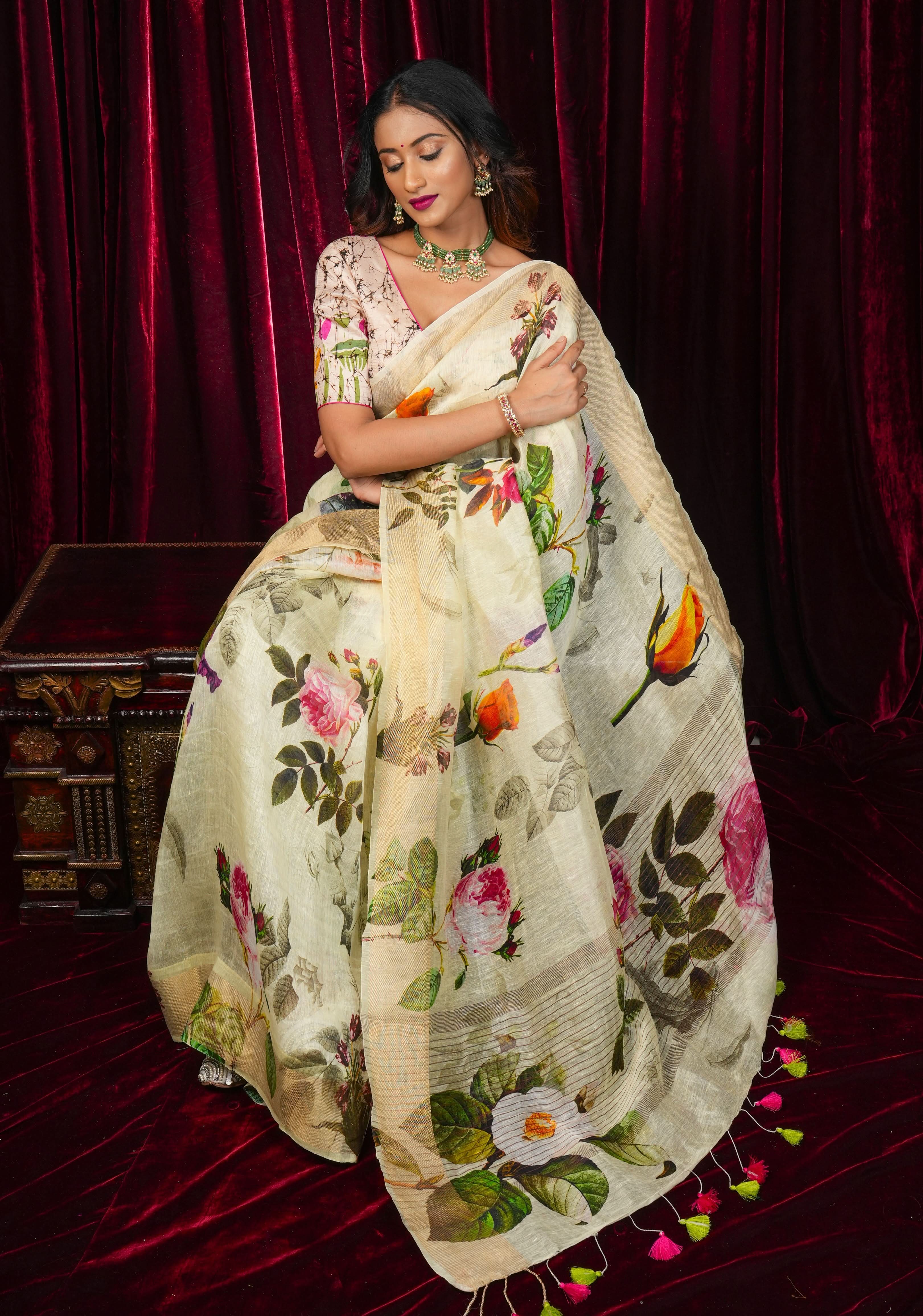 Charming Cream Floral Print Silk Linen Saree with long tassels | Shobitam