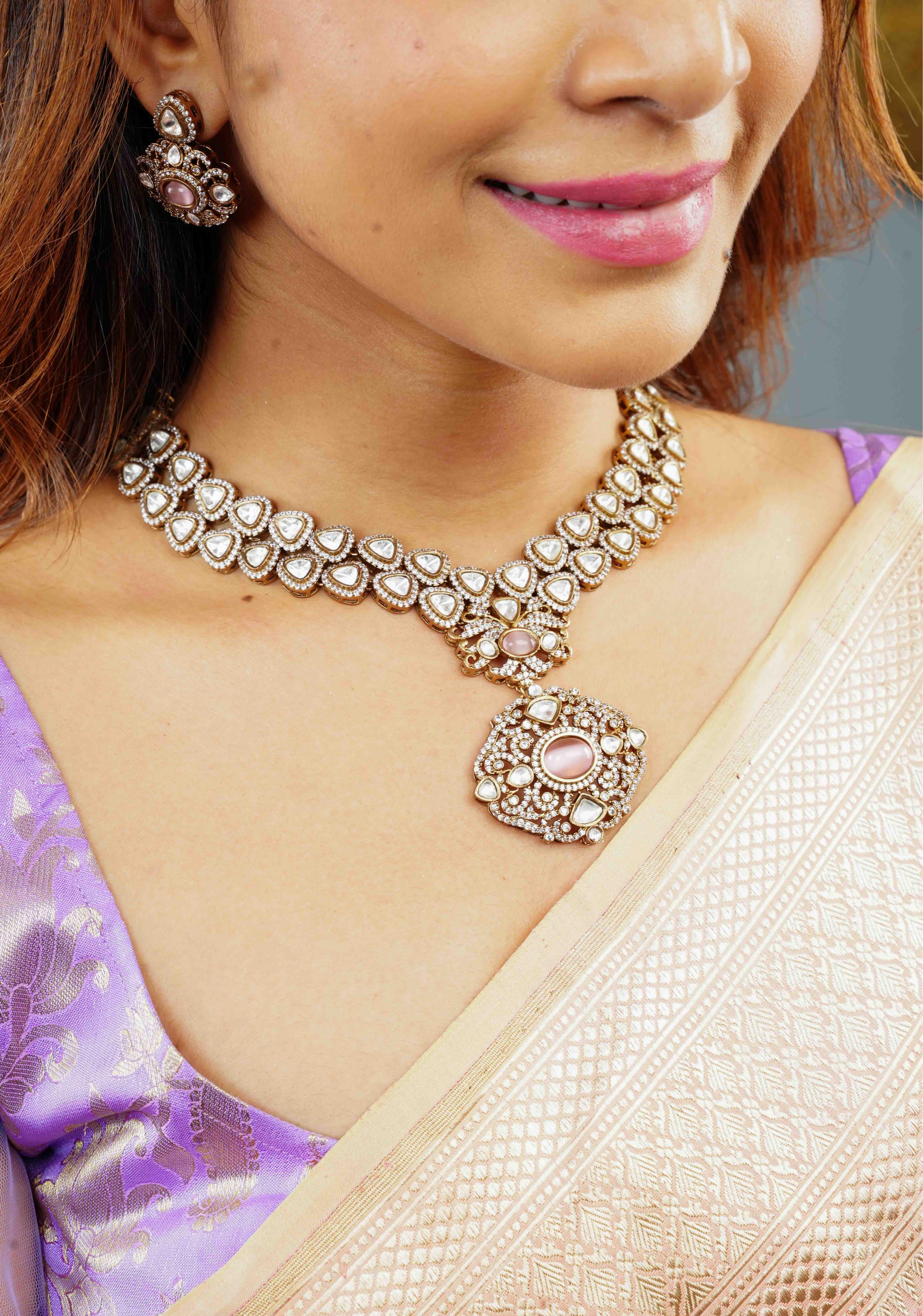 Classic Double layered Victorian Finish necklace set Stone Studded with White and Pink Stones | Shobitam jewelry