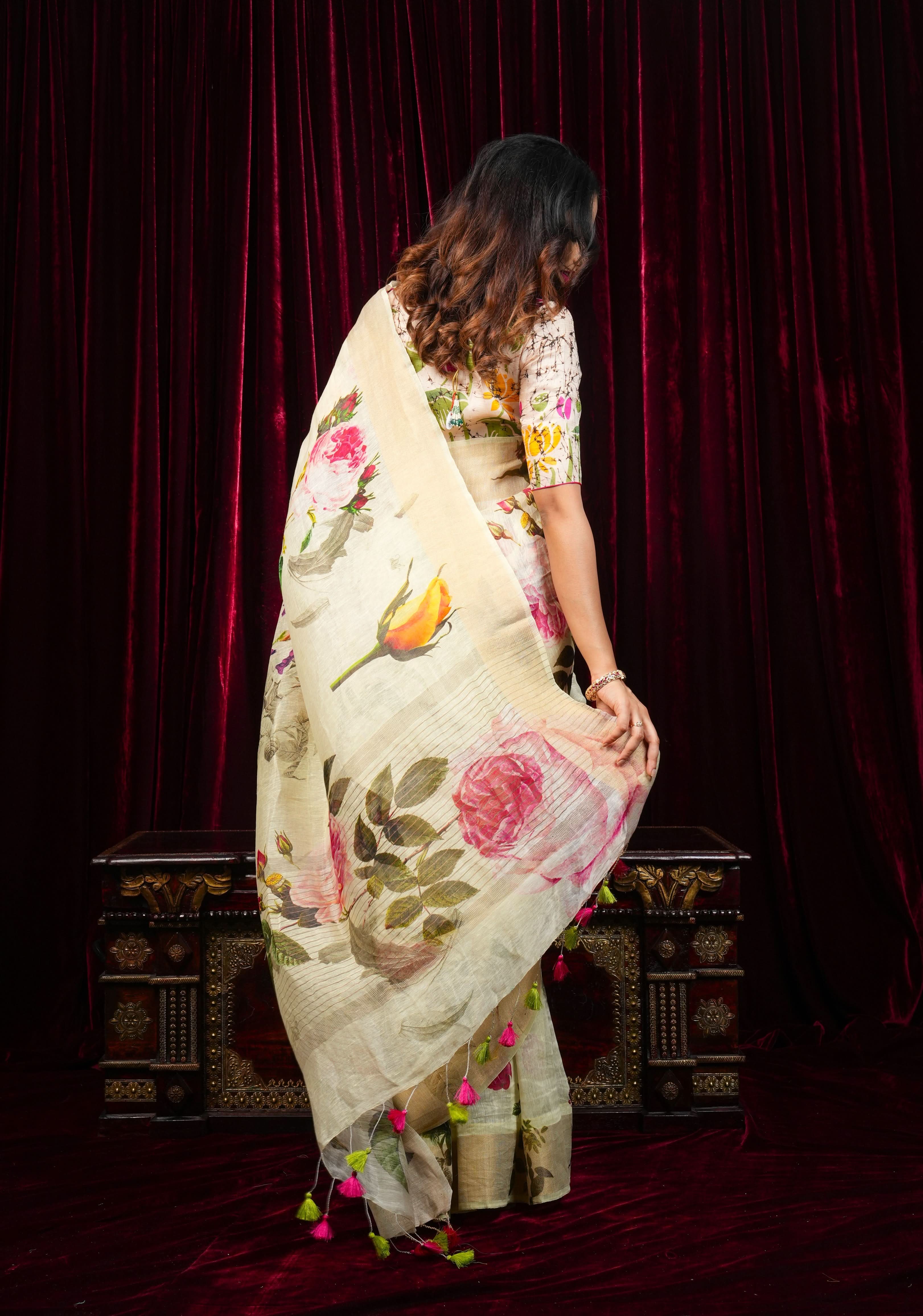 Charming Cream Floral Print Silk Linen Saree with long tassels | Shobitam