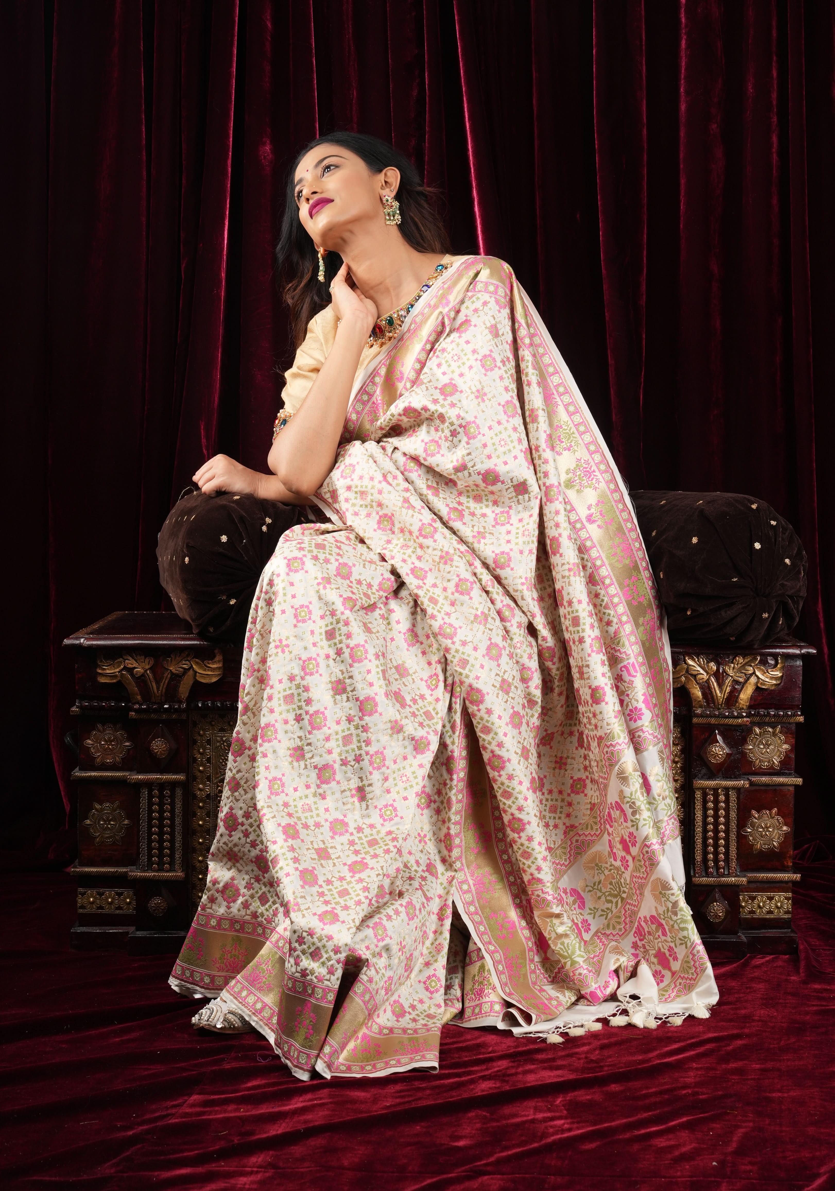 Exquisite Off White Semi Silk Saree with Patola Meenakari Jaal and Zari Borders | Shobitam