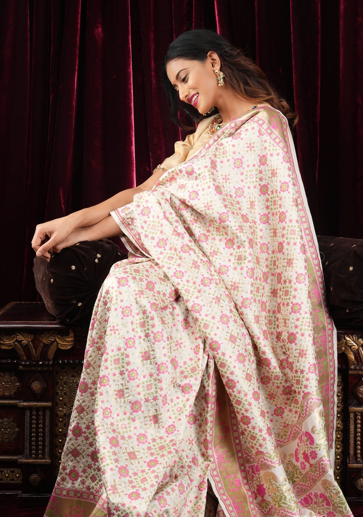 Exquisite Off White Semi Silk Saree with Patola Meenakari Jaal and Zari Borders | SHOBITAM