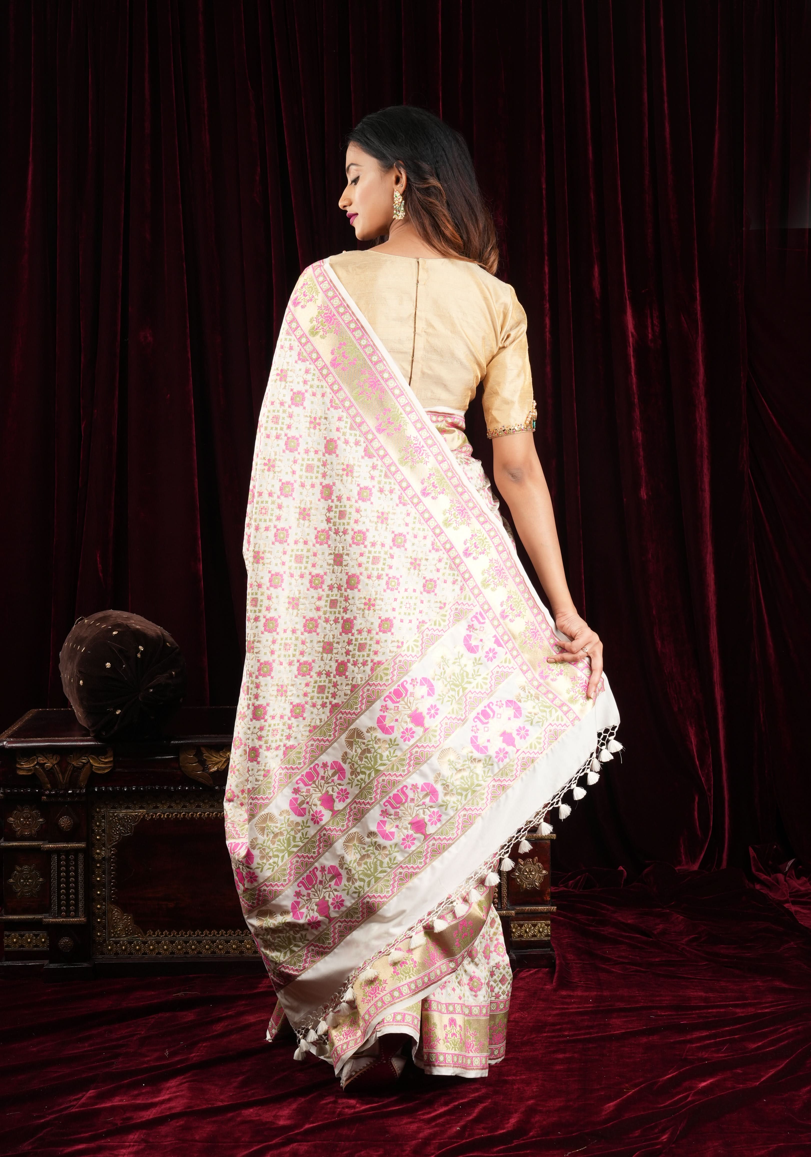 Exquisite Off White Semi Silk Saree with Patola Meenakari Jaal and Zari Borders | Shobitam