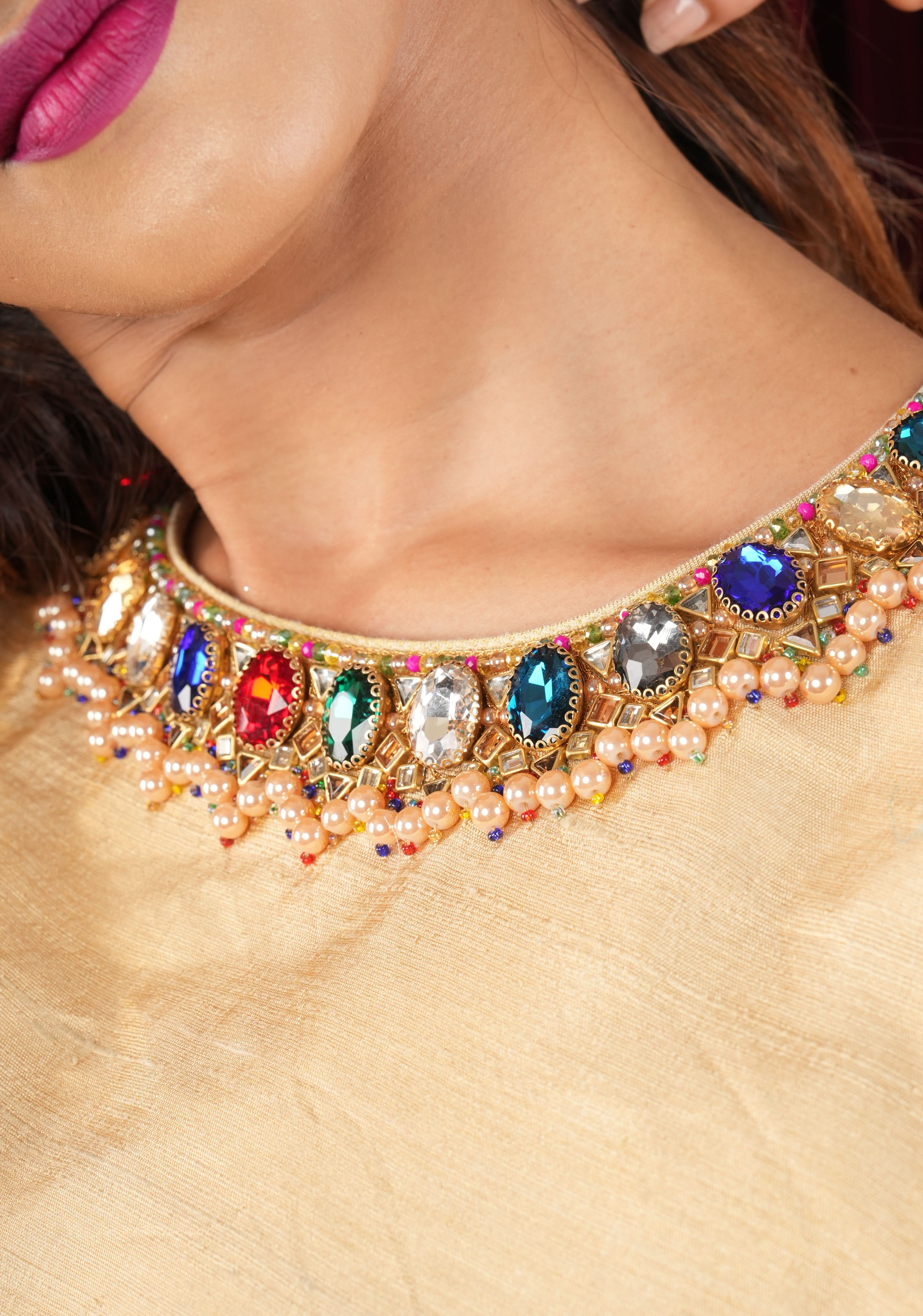 Multicolor Necklace and bajuband handwork detailing on Sandal Pure Tissue Raw Silk Blouse | Shobitam