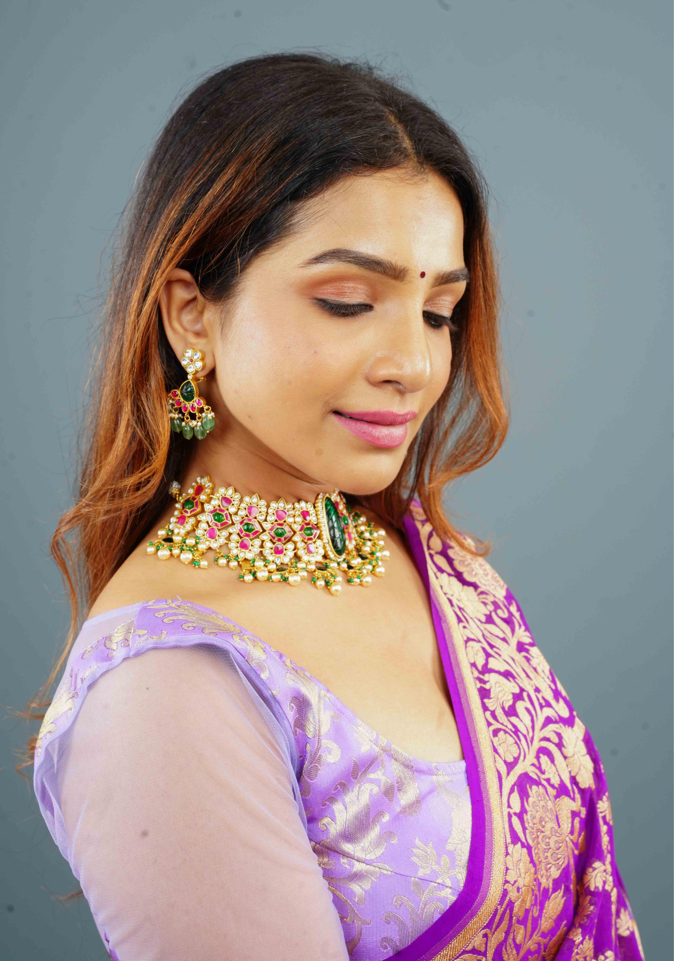Traditional Jadau Kundan Choker Set With Dangling Pearls And Matching Earrings | SHOBITAM