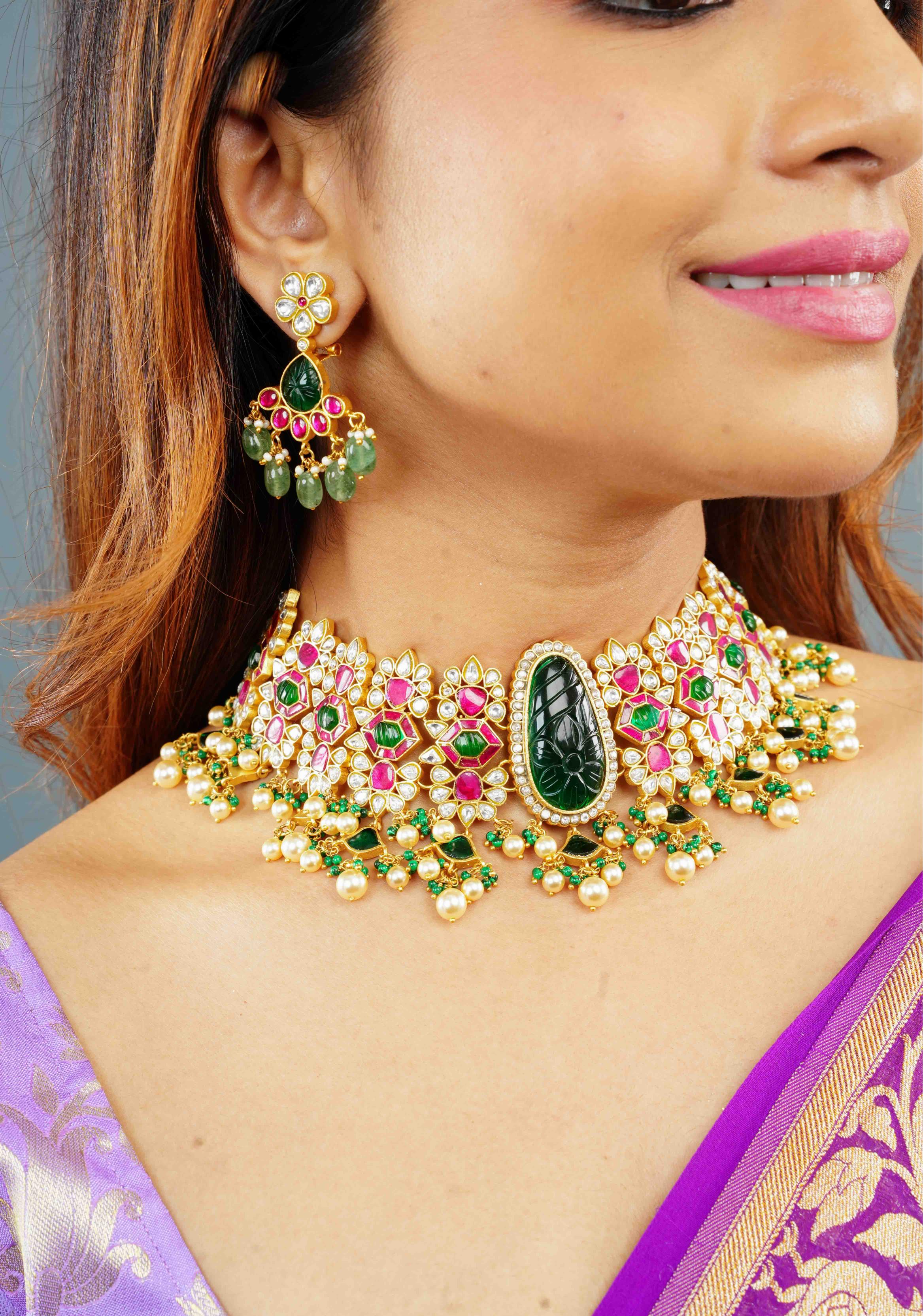 Traditional Jadau Kundan Choker Set With Dangling Pearls And Matching Earrings | SHOBITAM