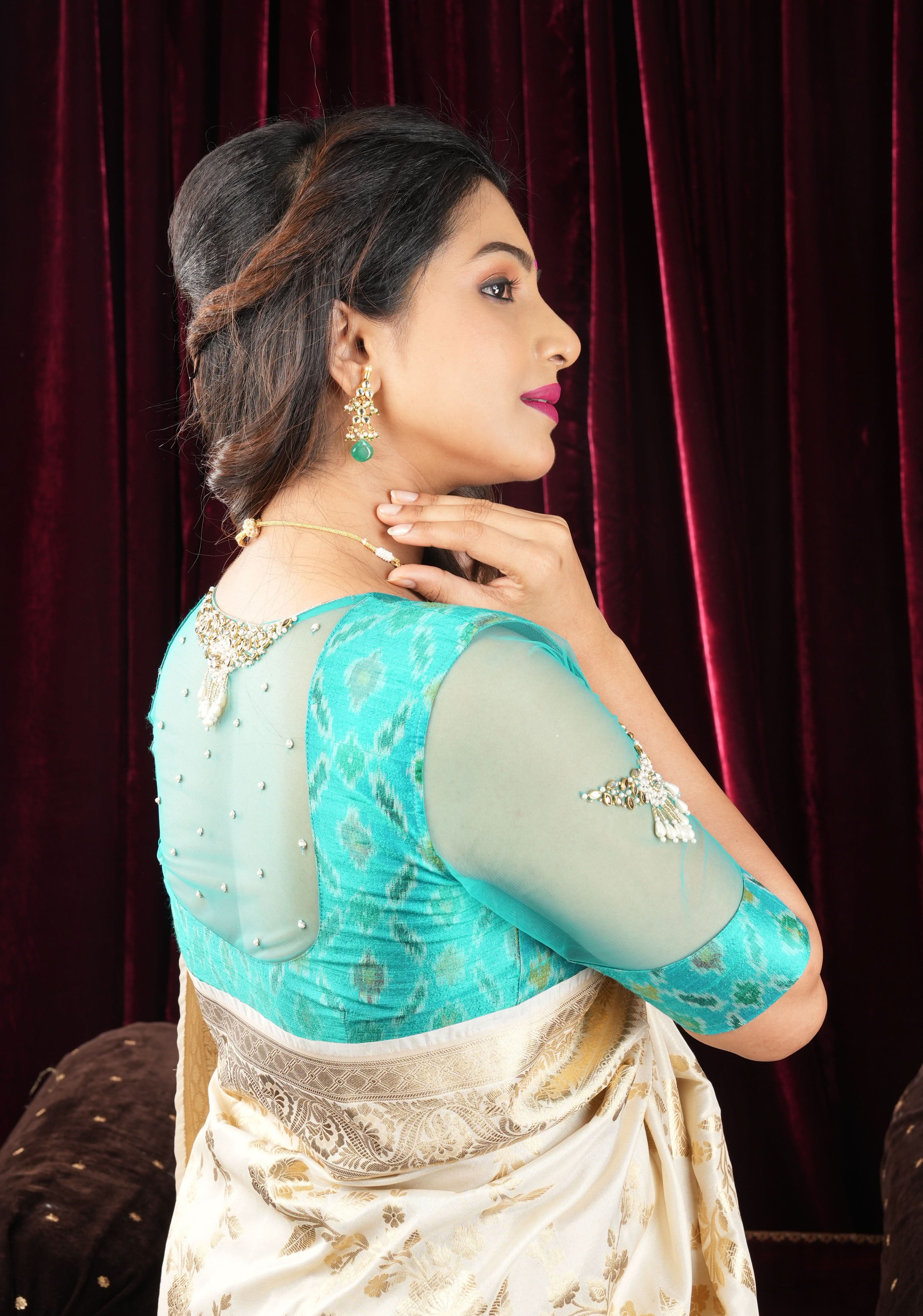 Cyan Pure ikkat Raw silk blouse with Rhinestone detailing in back and sleeves | Shobitam
