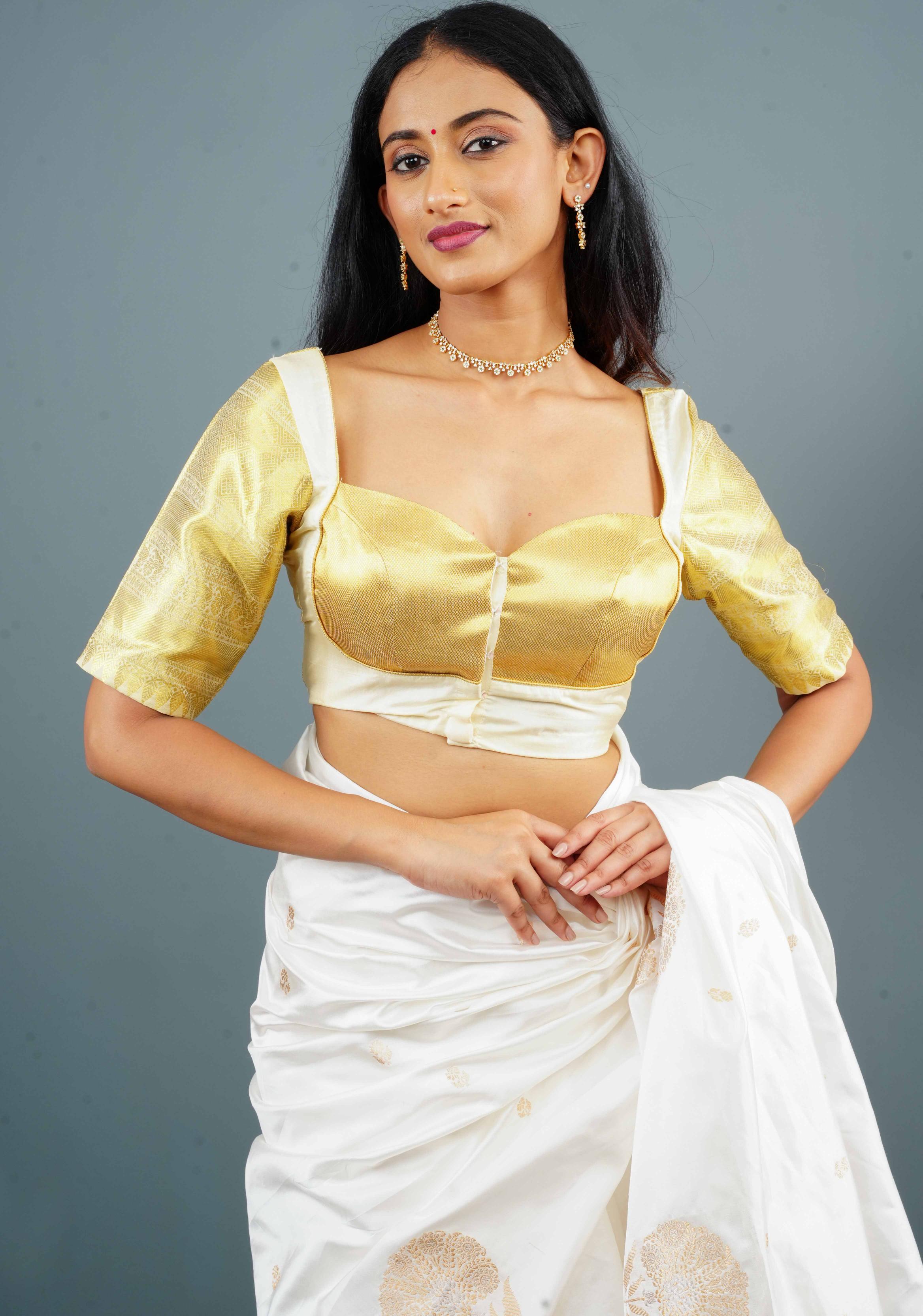 Off White Bustier Brocade with Kanjivaram Border Sleeves, Made to Order | Shobitam