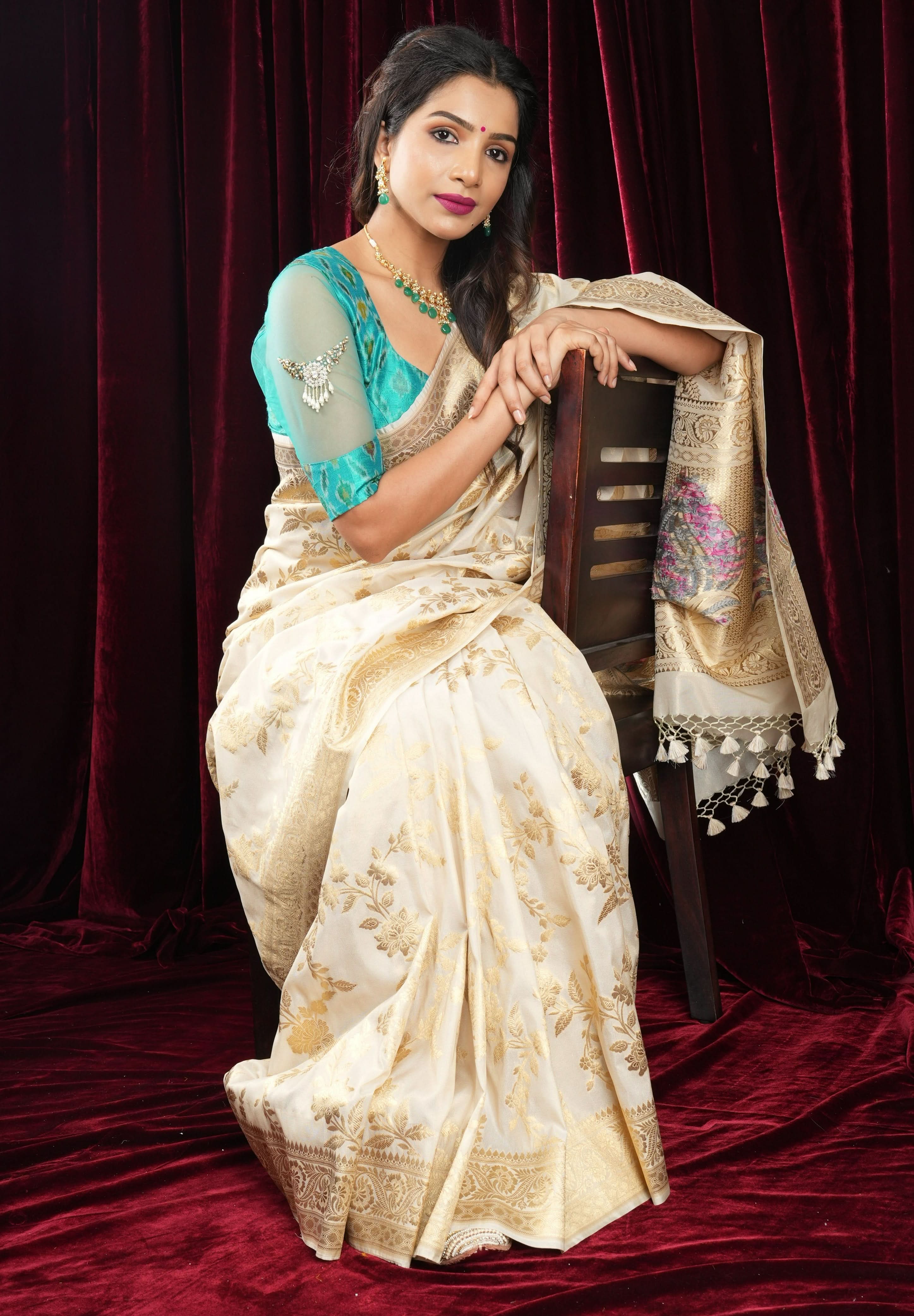 Ivory Tissue Semi silk saree with leheria Zari Floral vine Pattern and Meenakari Zari Pallu | SHOBITAM