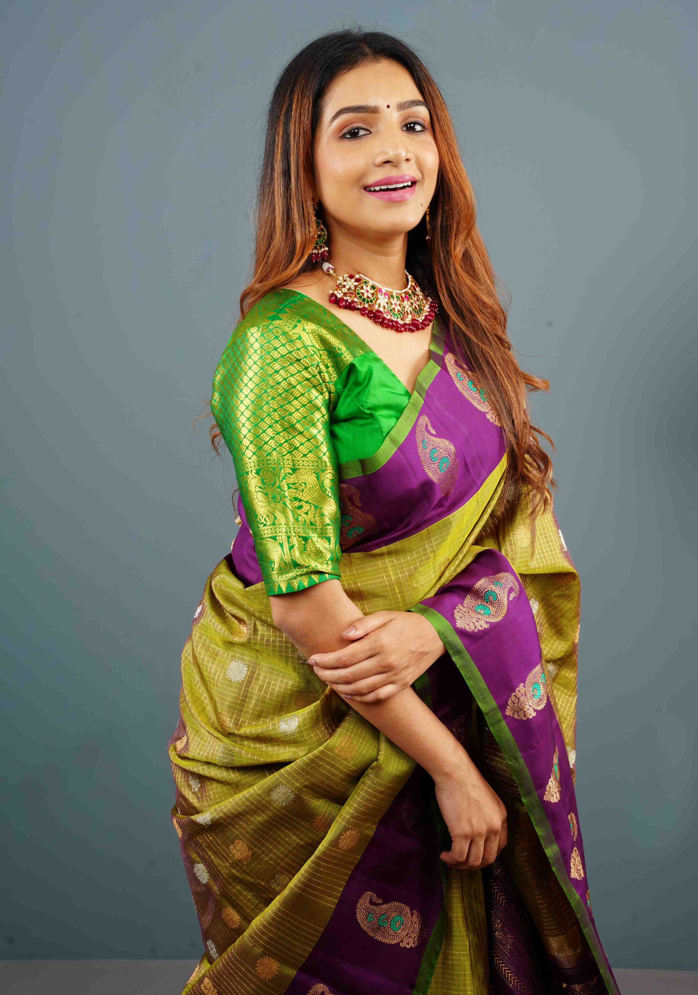 Green Pure Silk blouse with Zari Shoulder and Vanasingaram sleeve borders, Customizable, Made to Order | Shobitam