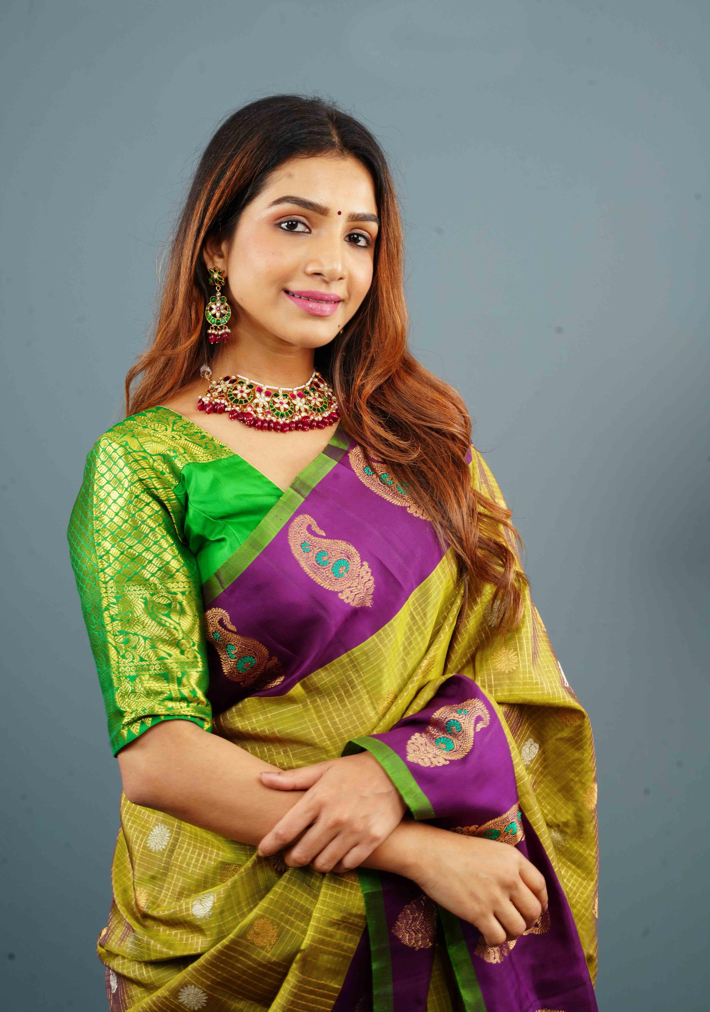 Green Pure Silk blouse with Zari Shoulder and Vanasingaram sleeve borders, Customizable, Made to Order | Shobitam
