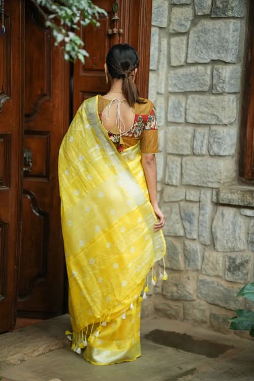 Authentic Bandini - Shibori on Pure Linen by Linen Saree with Zari Border in Sunflower Yellow | Shobitam