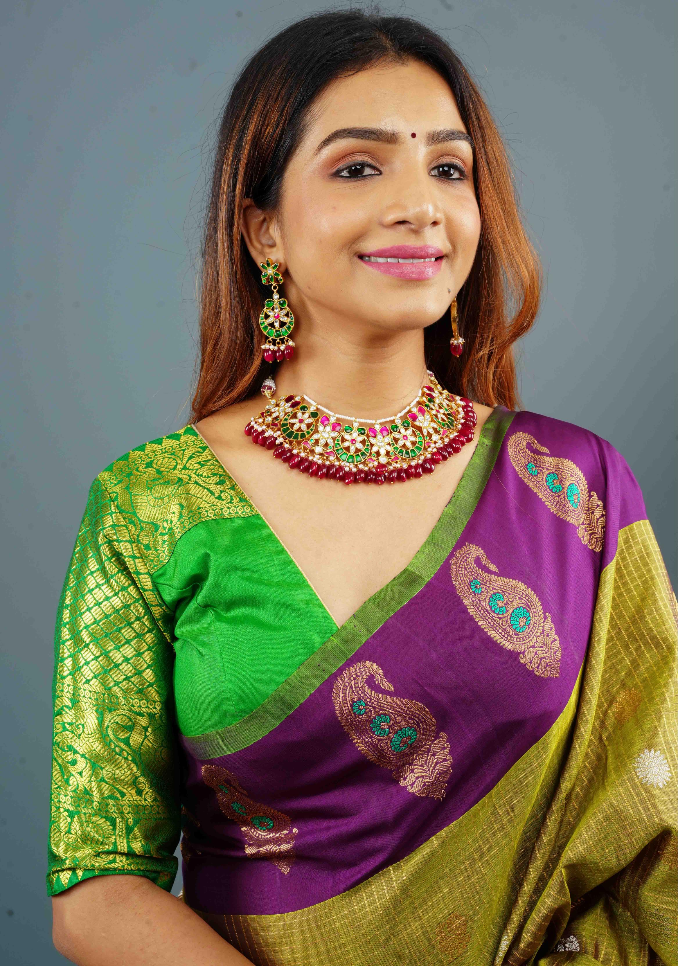 Celestial Ahmedabadi Jadau Necklace and Earrings Set with maroon dangling stones. | SHOBITAM