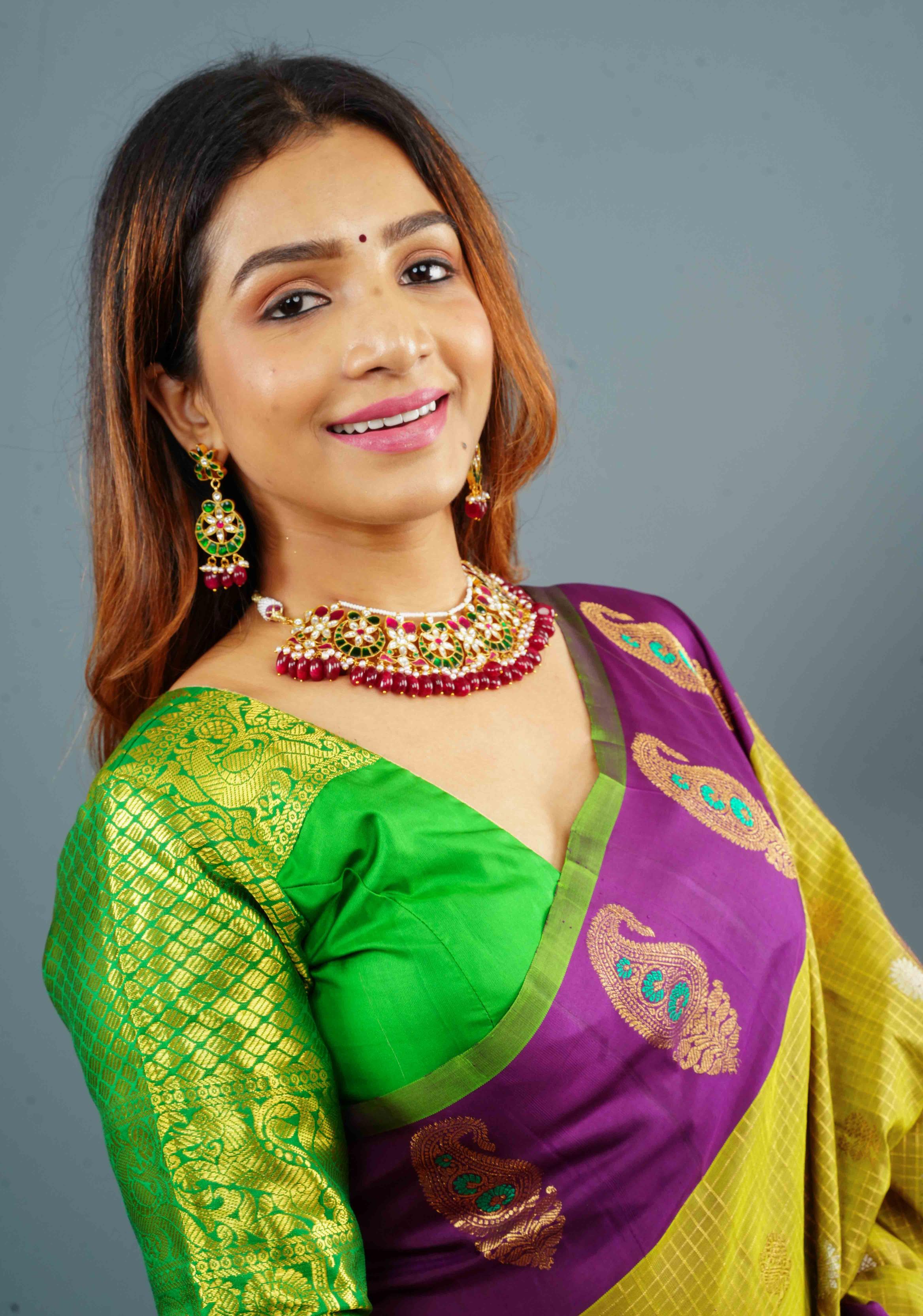 Green Pure Silk blouse with Zari Shoulder and Vanasingaram sleeve borders, Customizable, Made to Order | Shobitam