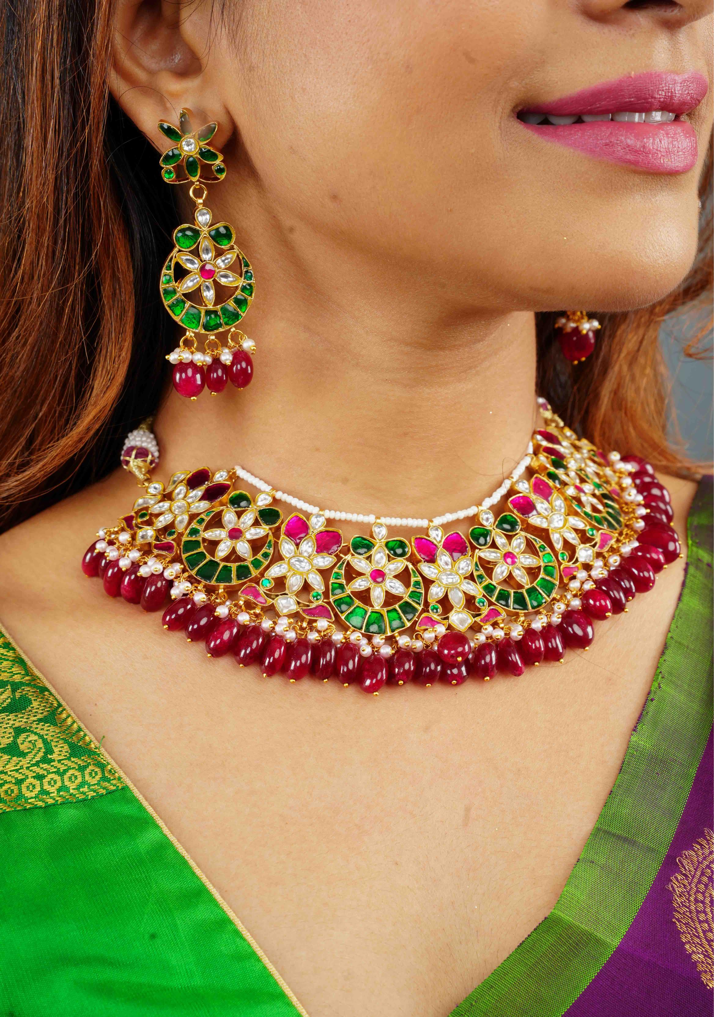 Celestial Ahmedabadi Jadau Necklace and Earrings Set with maroon dangling stones. | SHOBITAM