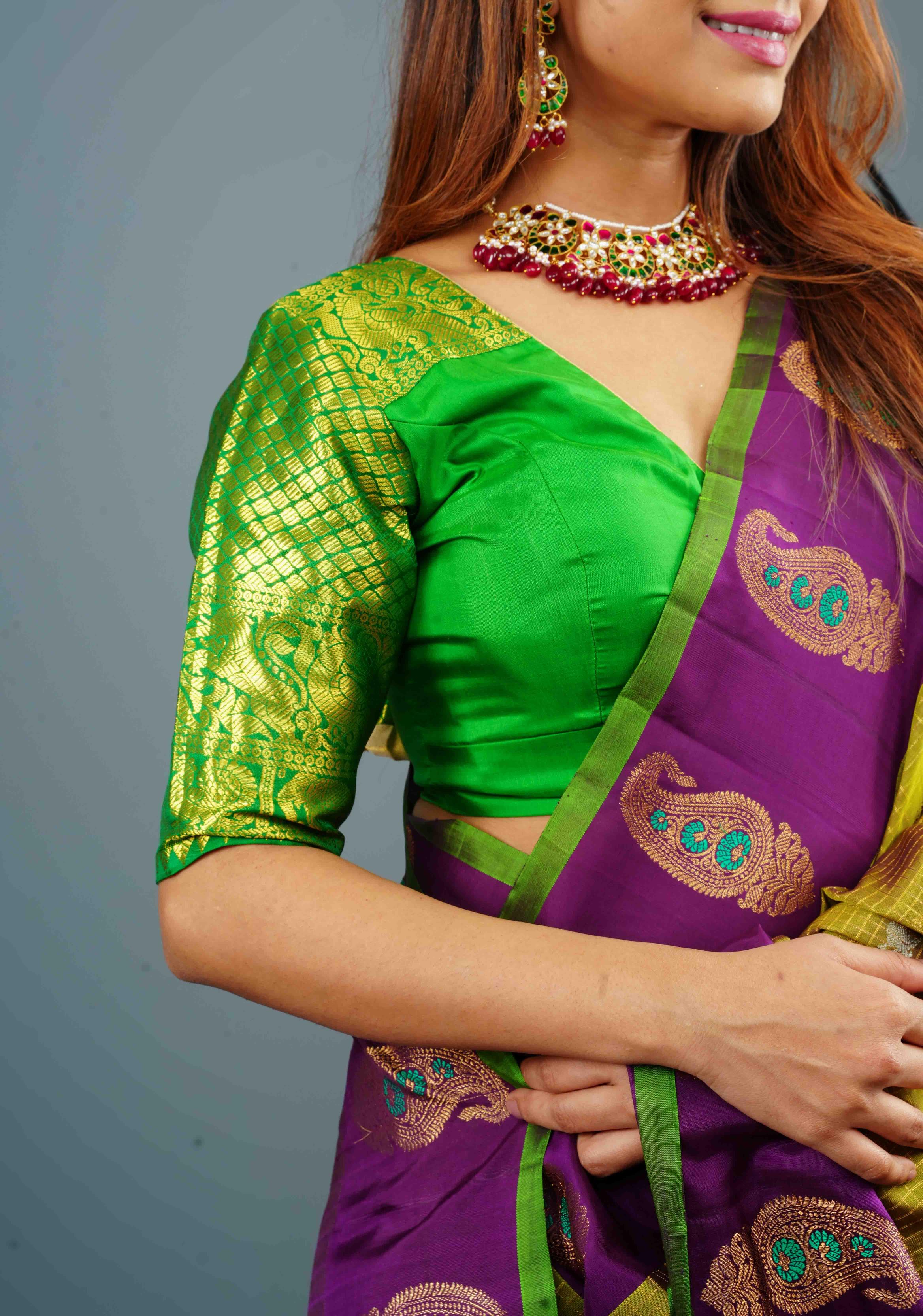 Green Pure Silk blouse with Zari Shoulder and Vanasingaram sleeve borders, Customizable, Made to Order | Shobitam