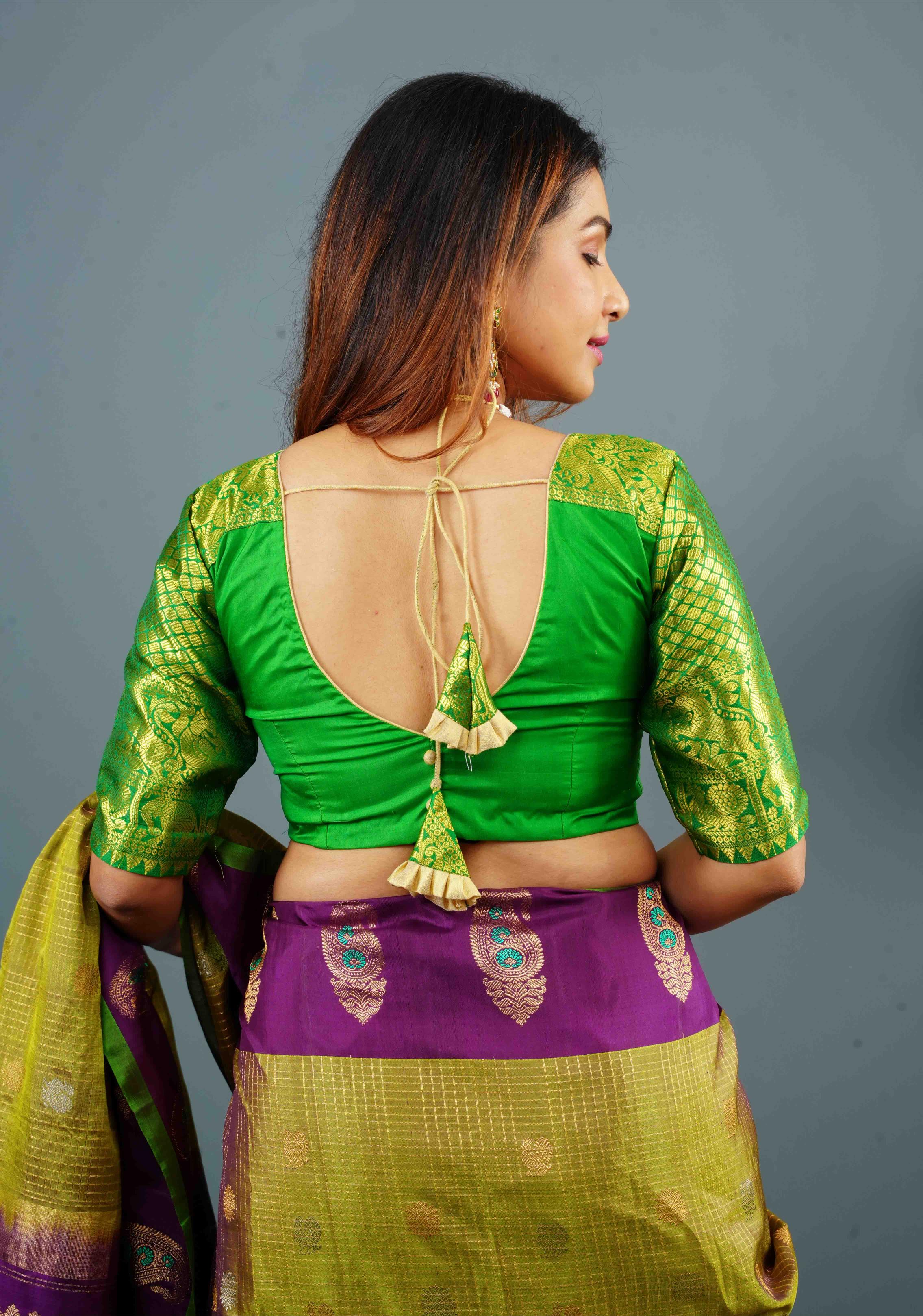 Green Pure Silk blouse with Zari Shoulder and Vanasingaram sleeve borders, Customizable, Made to Order | Shobitam