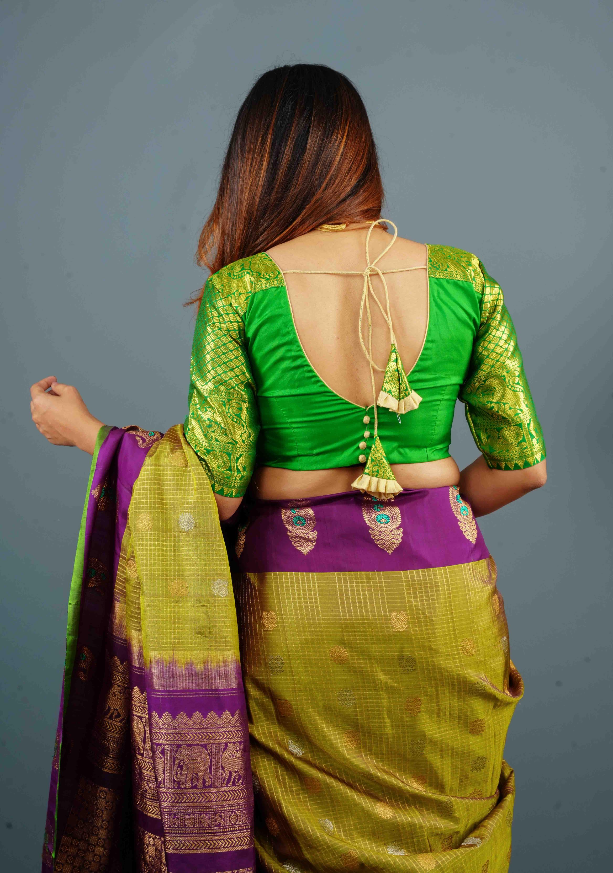 Green Pure Silk blouse with Zari Shoulder and Vanasingaram sleeve borders, Customizable, Made to Order | Shobitam