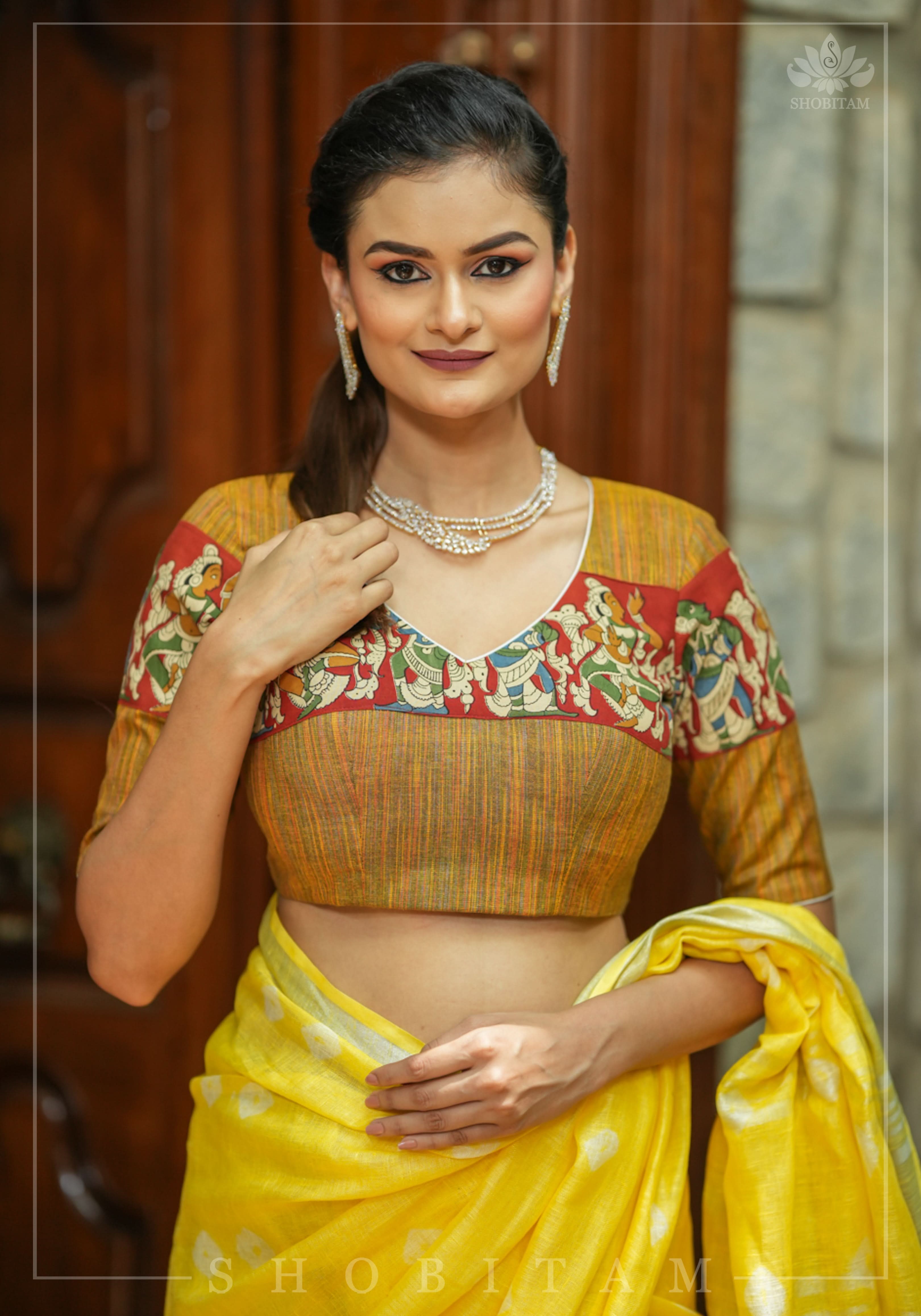 Honey brown handloom cotton V neck blouse with handpainted kalamkari band | Shobitam