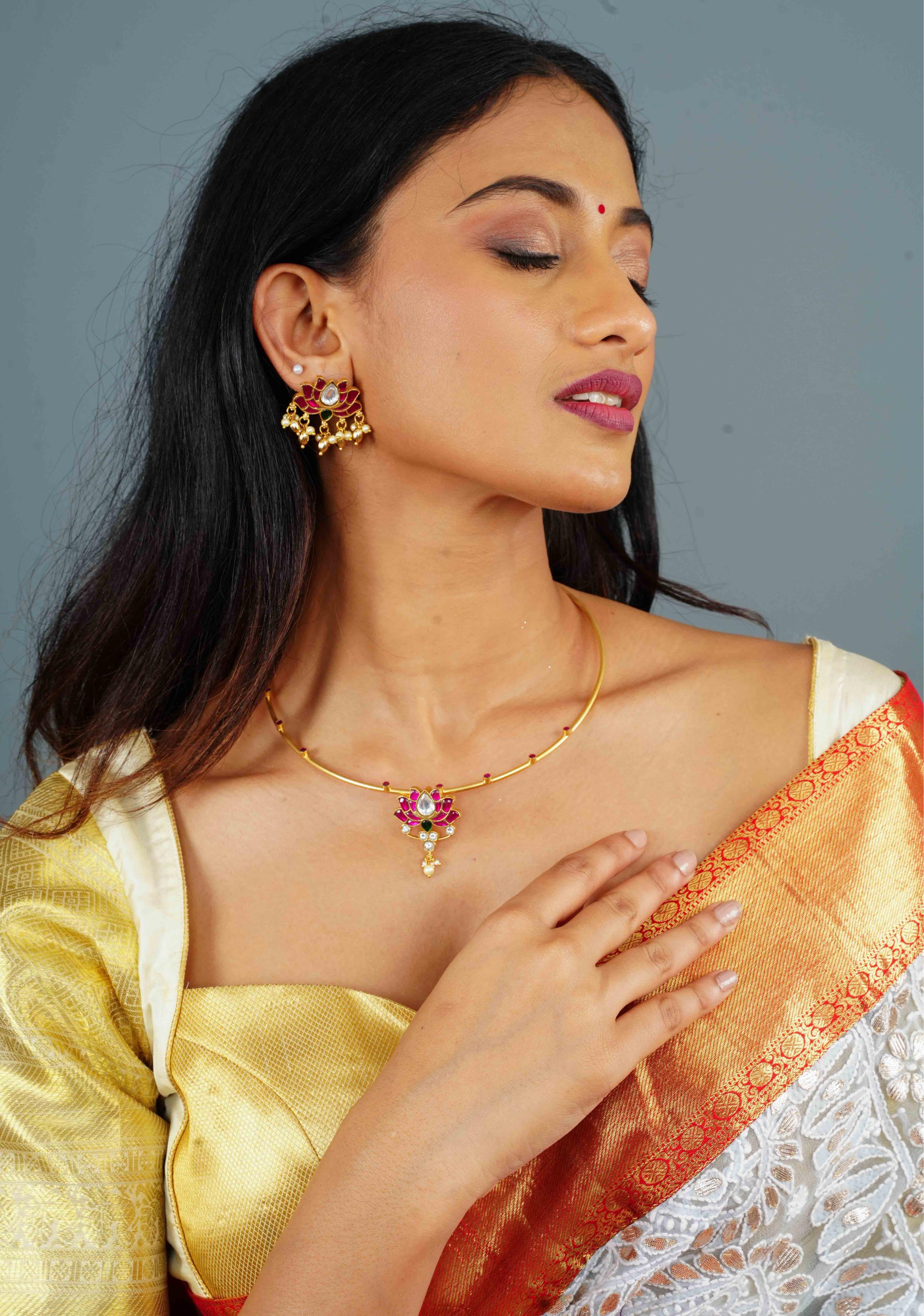 Double Lotus Minimalistic Wire base necklace and earring Set Pink,White and Green Stones | Shobitam Jewelry