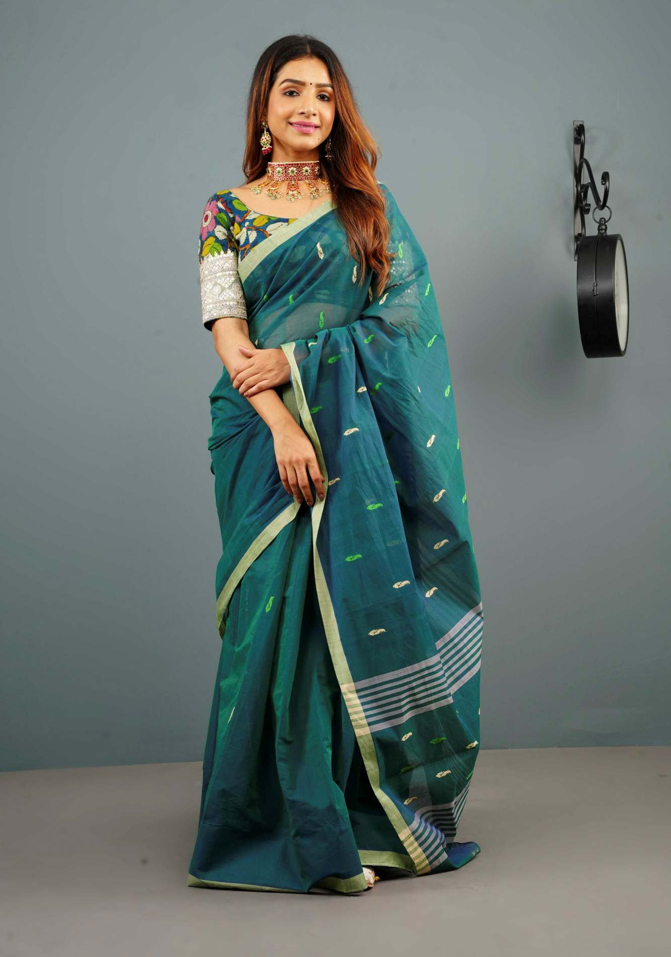 Kenaf Cotton Vegan Handloom ready to wear Saree in Teal with Meenakari Resham Buttas and Minimal Border (No Blouse Piece) Ready to wear saree