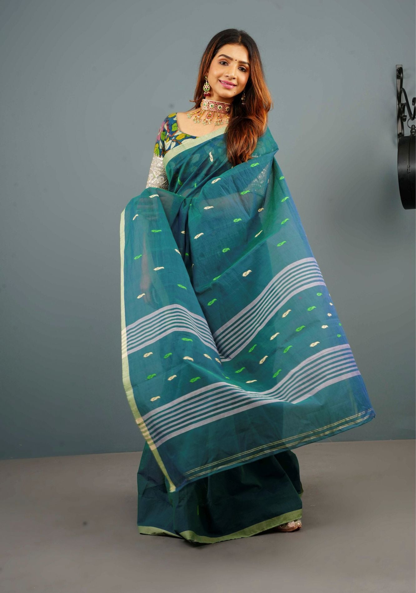 Kenaf Cotton Vegan Handloom ready to wear Saree in Teal with Meenakari Resham Buttas and Minimal Border (No Blouse Piece) Ready to wear saree
