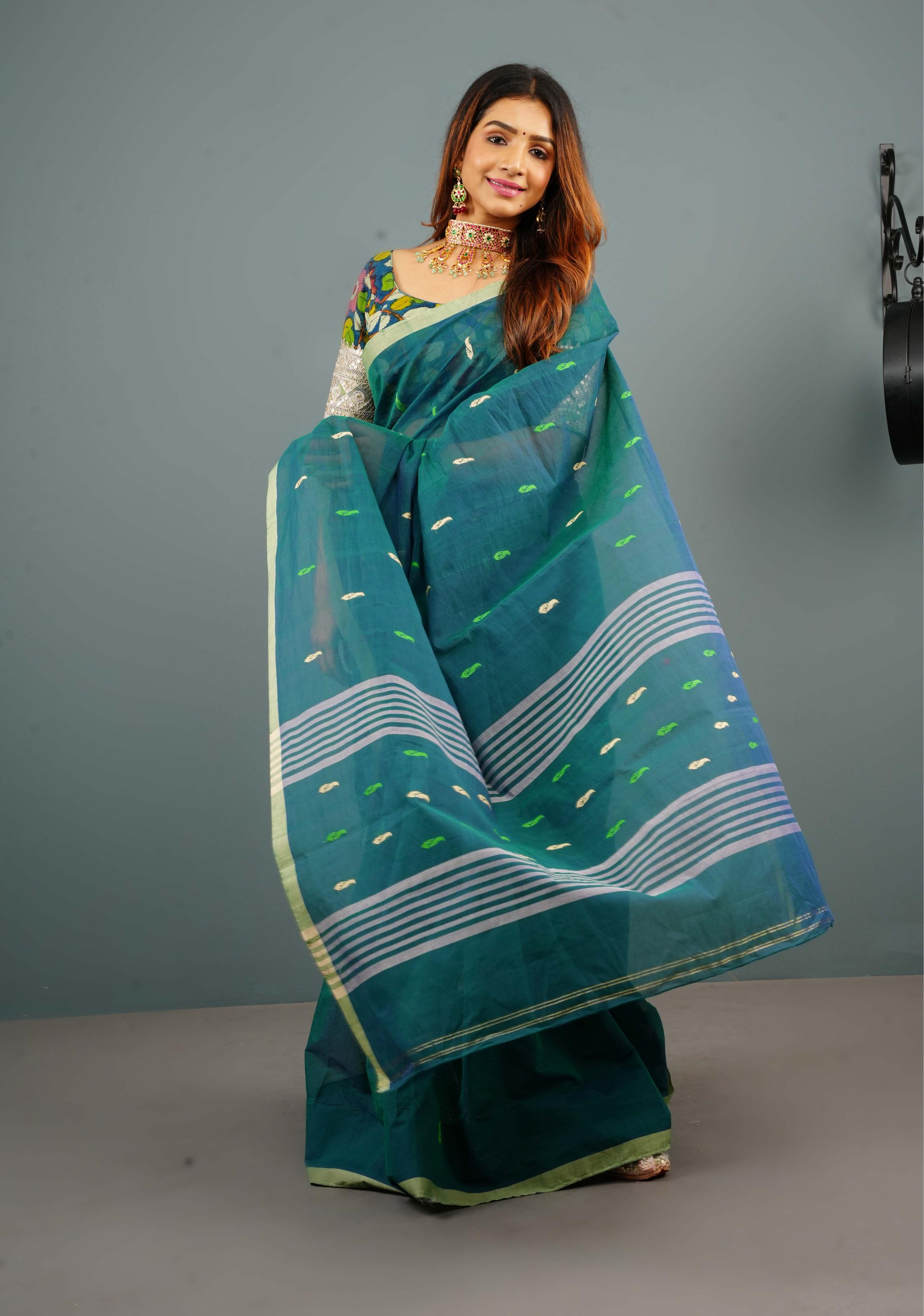 Kenaf Cotton Vegan Handloom Saree in Teal with Meenakari Resham Buttas and Minimal Border (No Blouse Piece) | SHOBITAM