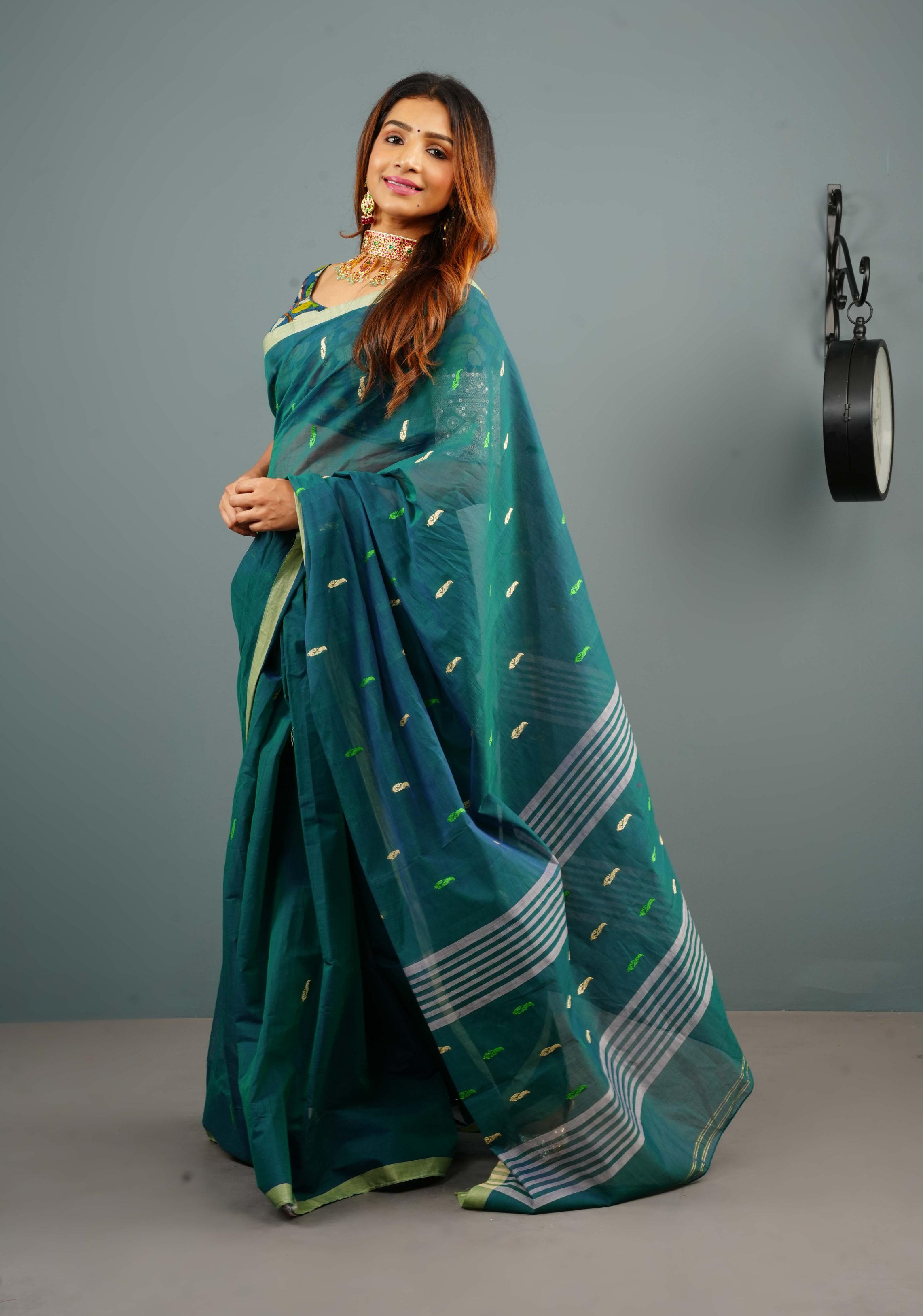 Kenaf Cotton Vegan Handloom Saree in Teal with Meenakari Resham Buttas and Minimal Border (No Blouse Piece) | SHOBITAM