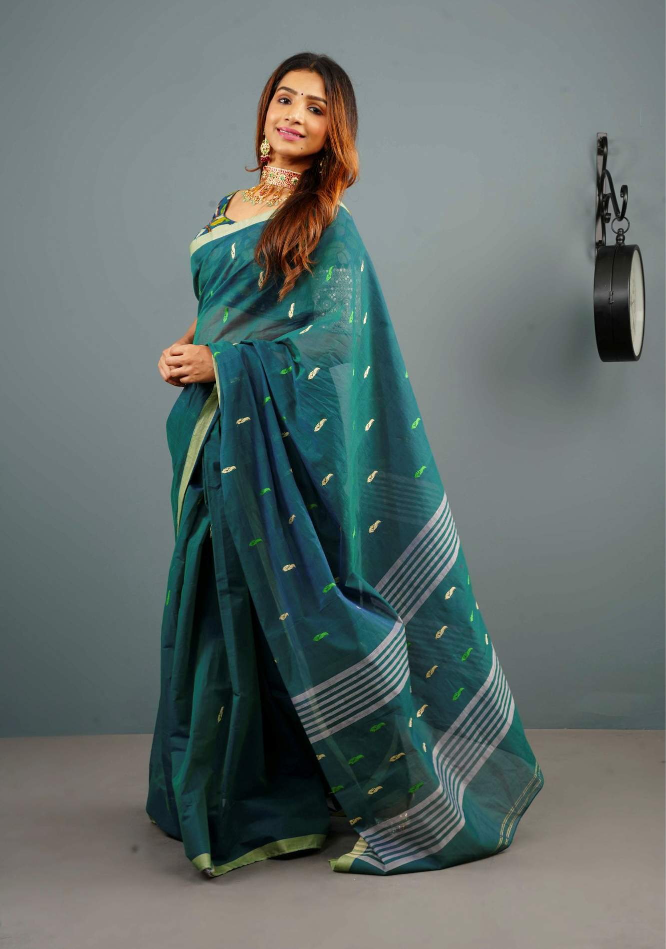 Kenaf Cotton Vegan Handloom ready to wear Saree in Teal with Meenakari Resham Buttas and Minimal Border (No Blouse Piece) Ready to wear saree