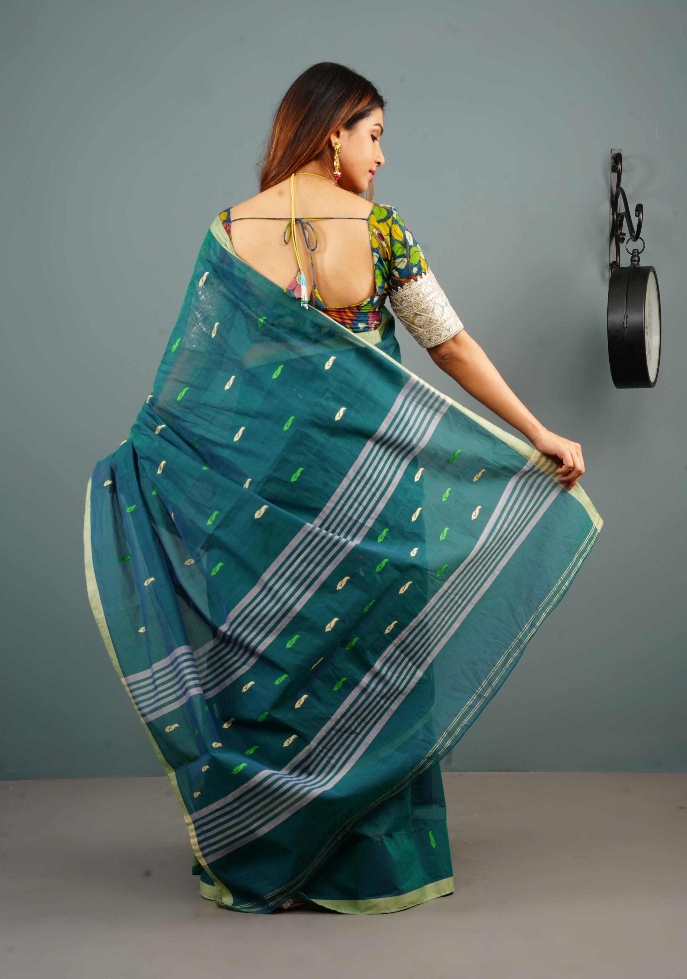 Kenaf Cotton Vegan Handloom Saree in Teal with Meenakari Resham Buttas and Minimal Border (No Blouse Piece) | SHOBITAM
