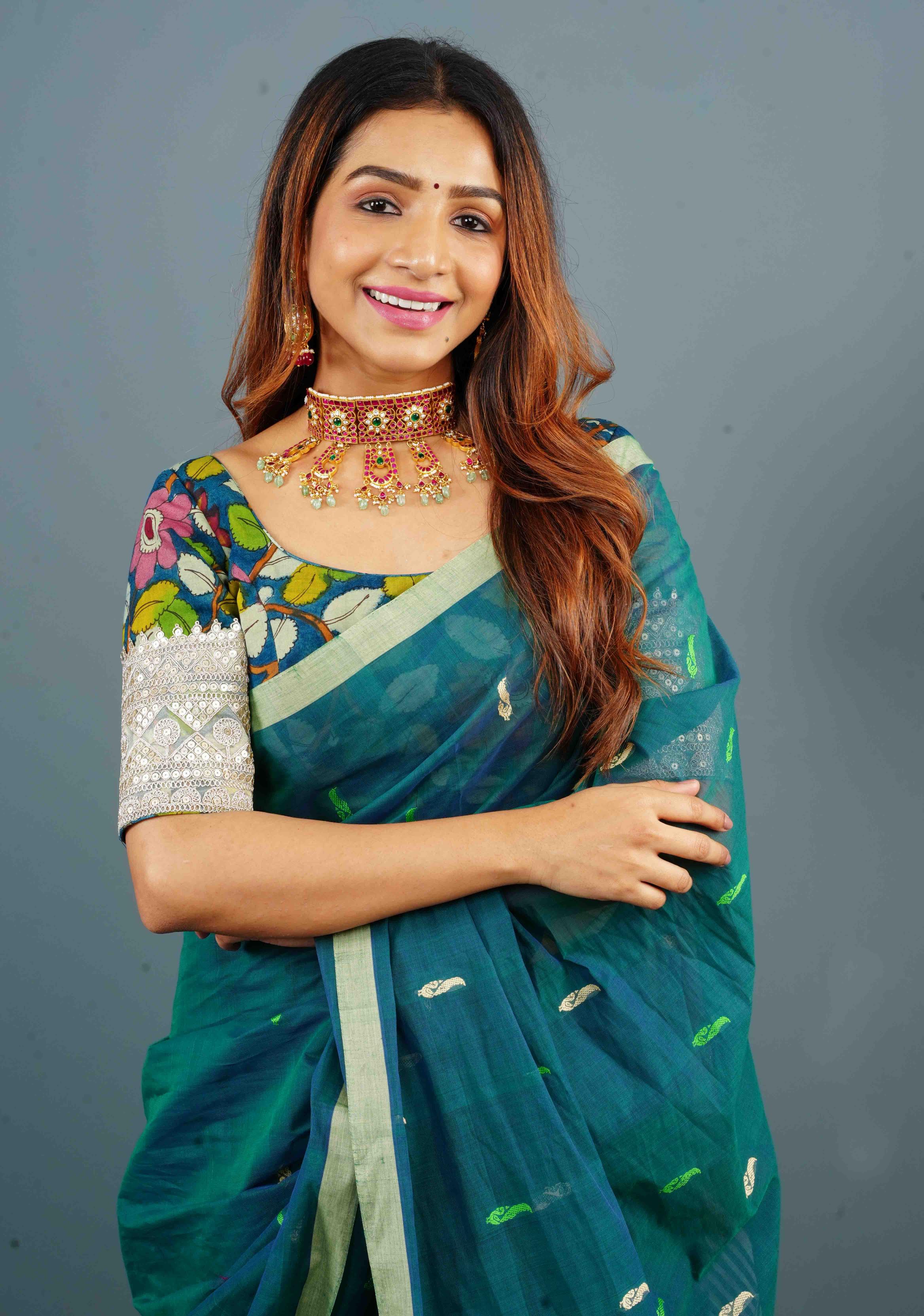 Blue Authentic Pen Kalamkari Scoop Neck Blouse with wide Lace Border on sleeves, Customizable, Made to Order | Shobitam