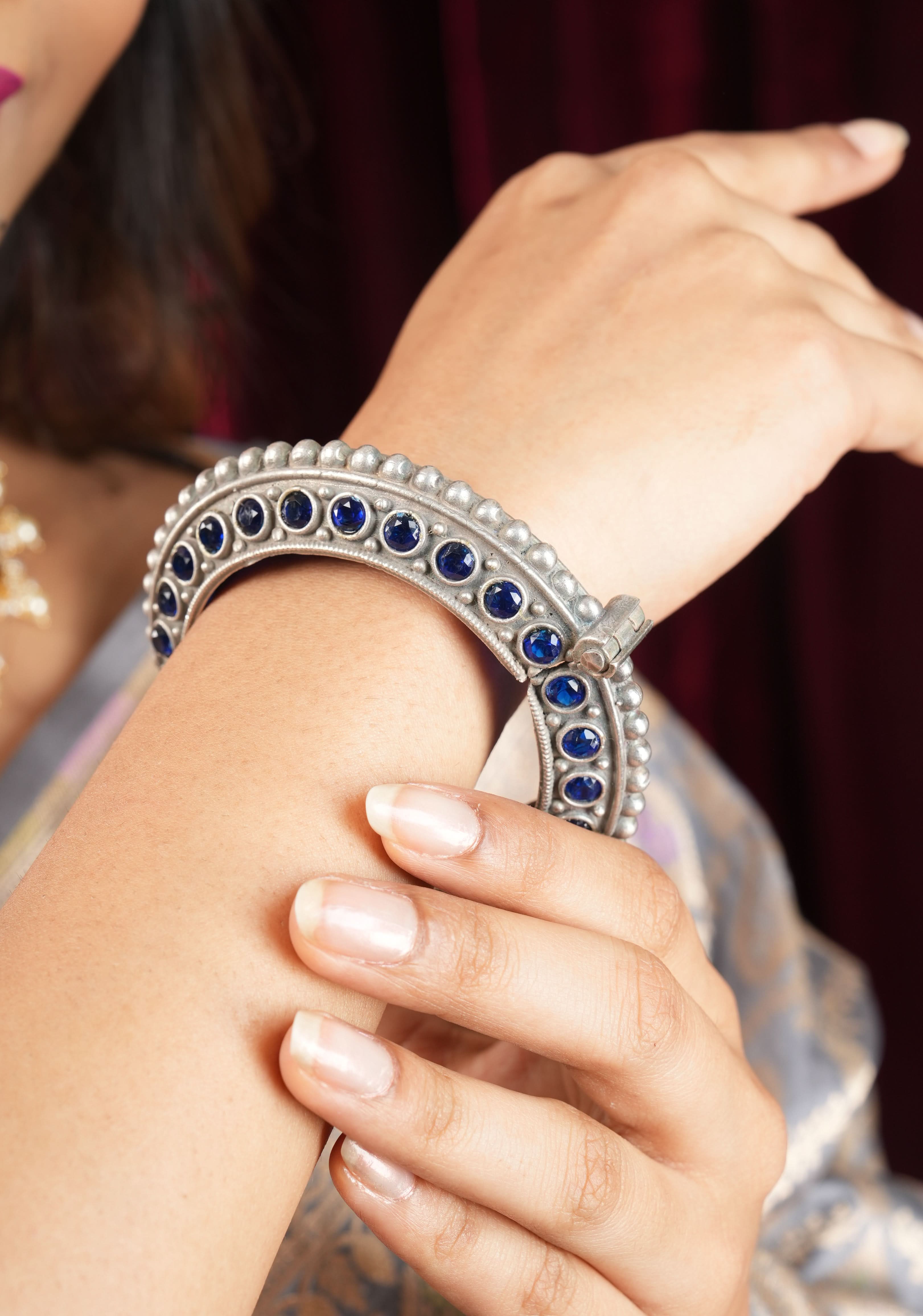 SIZE 2.4 Antique Silver Finish with blue stones design and Openable Kada | Shobitam Jewelry
