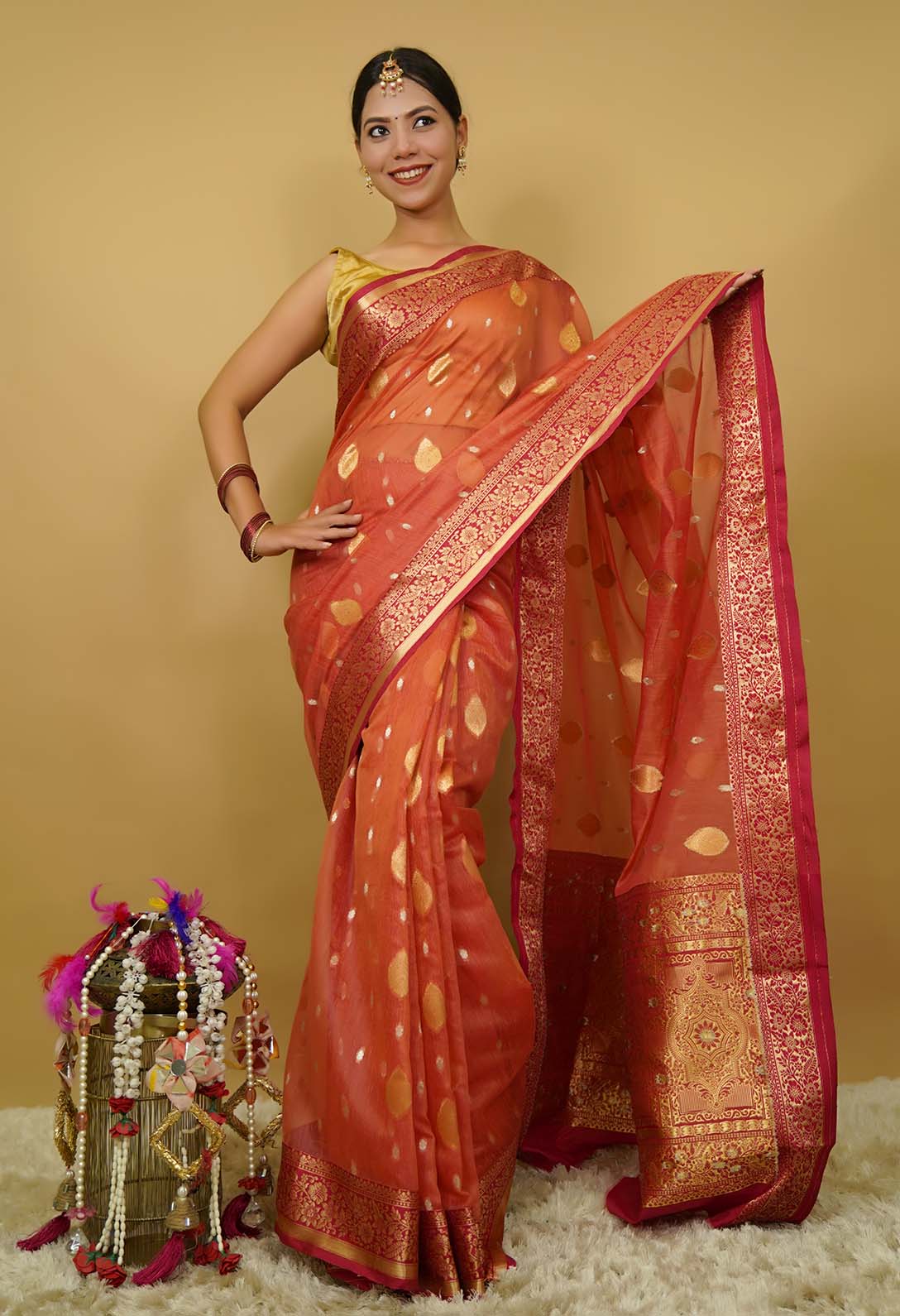 Banarasi Handloom Saree with All Over Zari & Designer Pallu, Beautiful Contrast Zari Work Border
